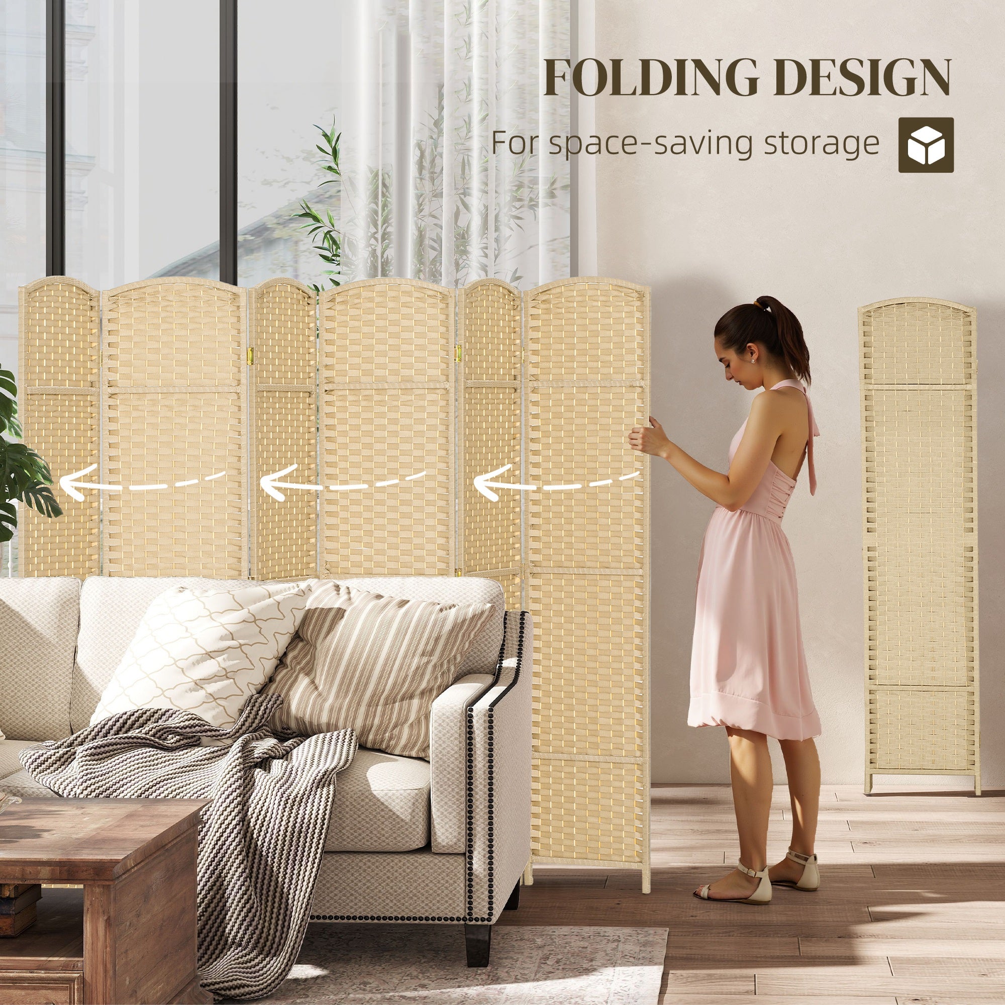 Folding Room Divider Screen 6 Panel 5.6' Tall Privacy Screen Freestanding Room Partition for Home Office, Beige