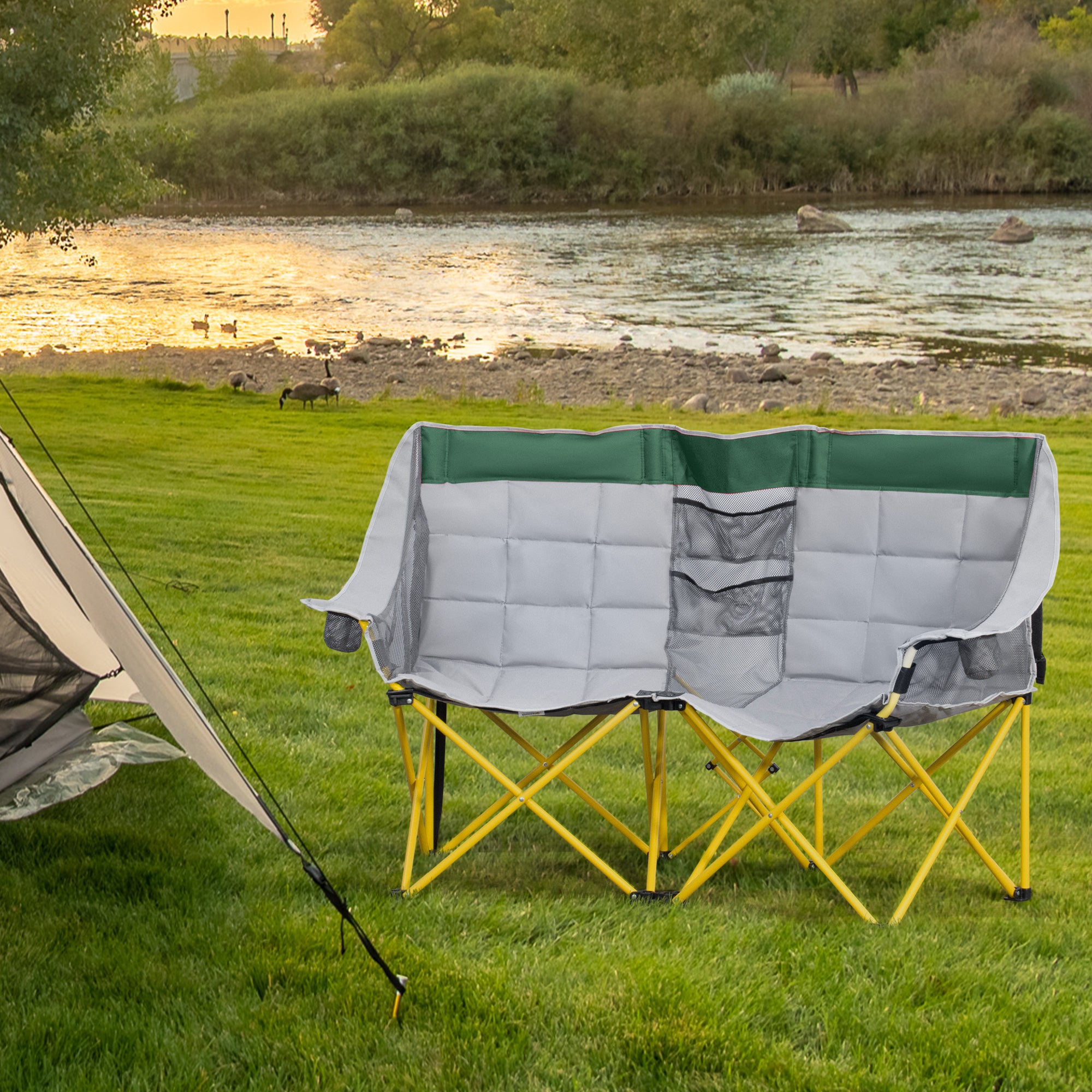 Loveseat Style Camping Chair, Oversized Folding Lawn Chair with Carry Bag & Cup Holders, for Outdoor, Green & Gray