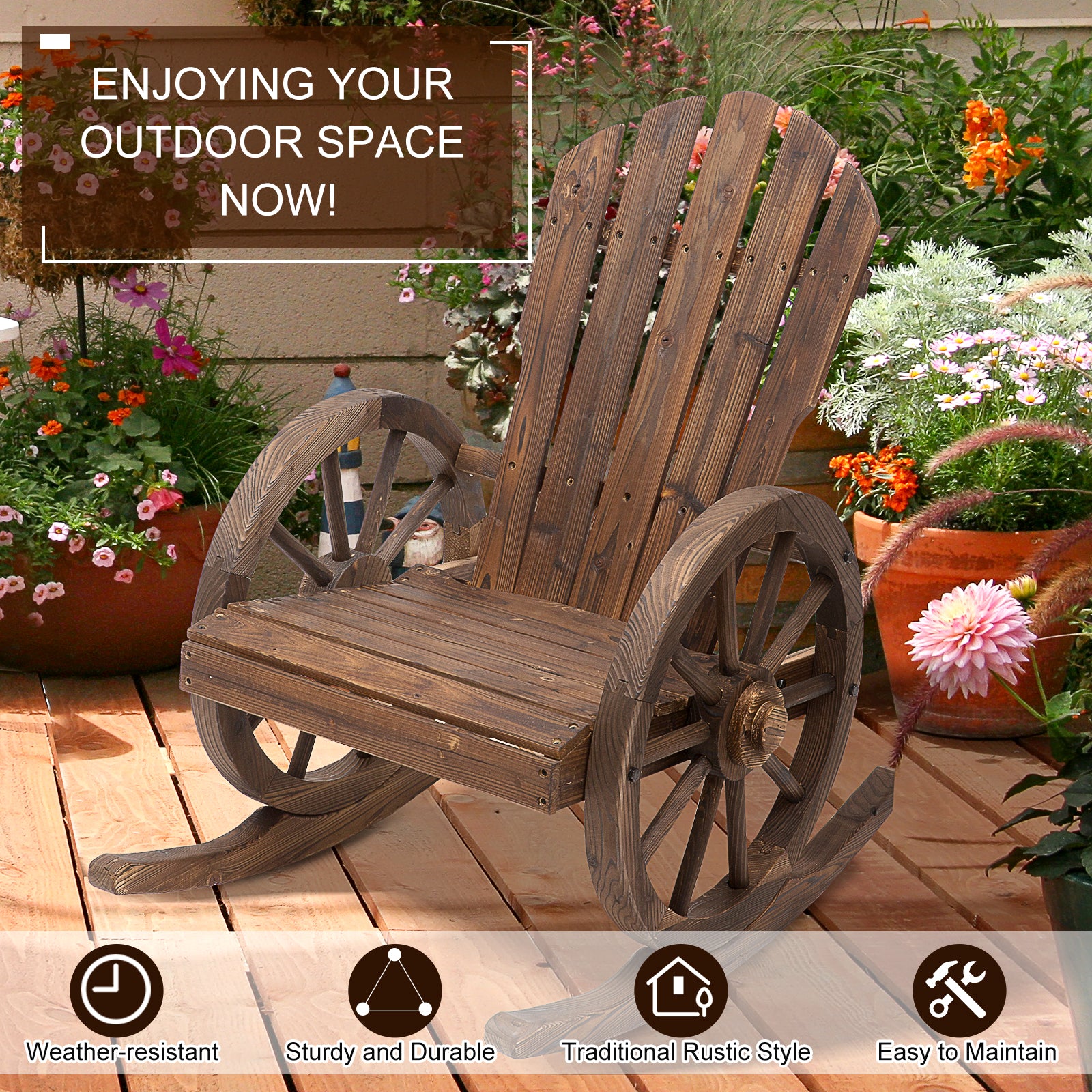 Wooden Rocking Chair, Adirondack Rocker Chair w/Slatted Design and Oversized Back, Outdoor Rocking Chair with Wagon Wheel Armrest for Porch, Poolside, and Garden, Carbonized