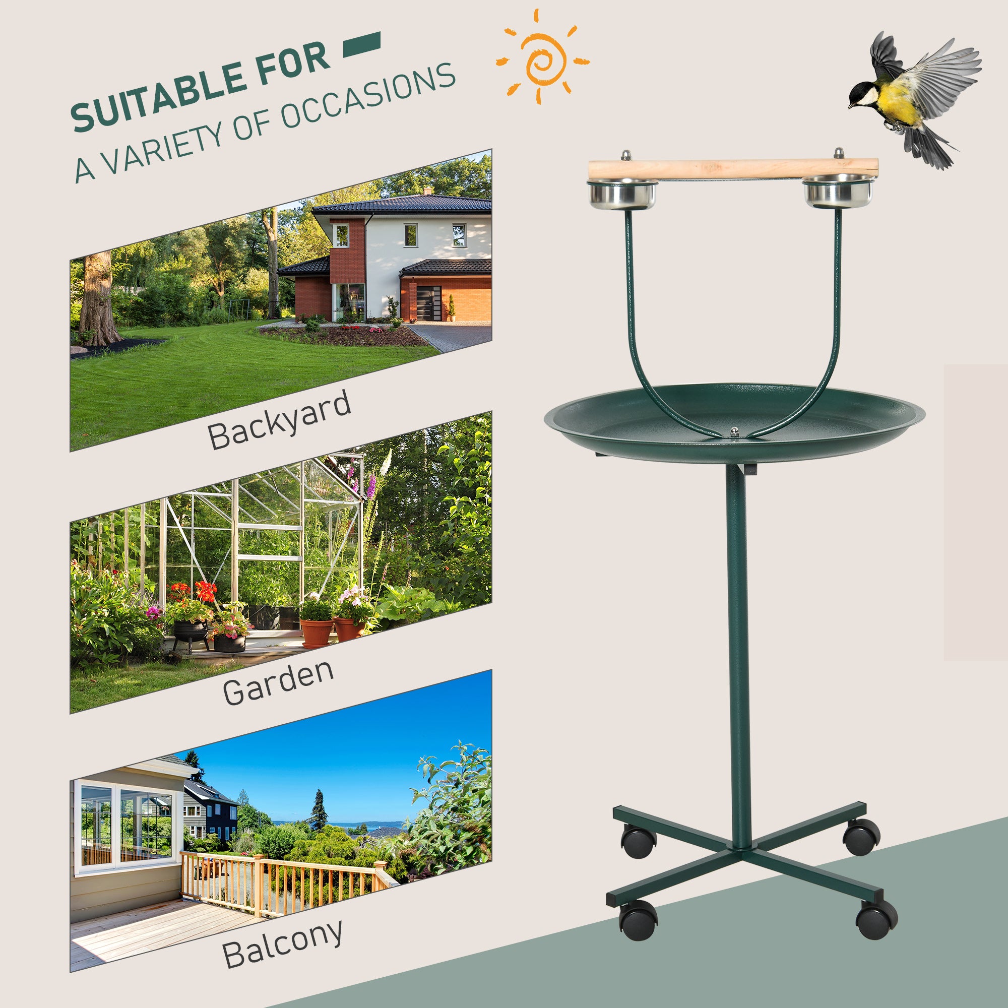 48" Rolling T-Stand, Parrot Stand, Bird Training Activity Playground With Wheels and Perch,, Bird Play Perch, Green