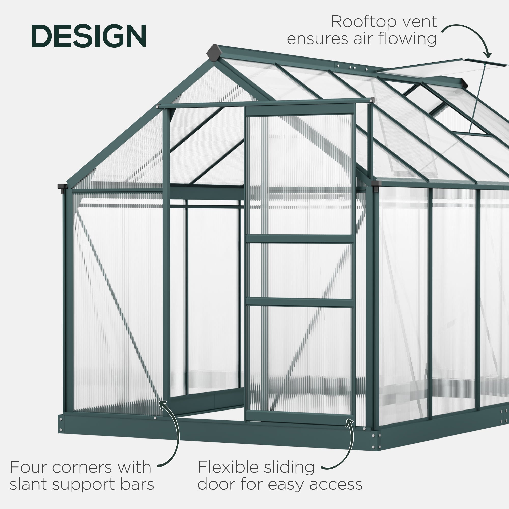 6' x 10' Greenhouse for Outdoors, Polycarbonate Greenhouse with Rain Gutter and Roof Vent, Aluminum Walk-in Green Houses for Outside for Patio Backyard Garden, Dark Green
