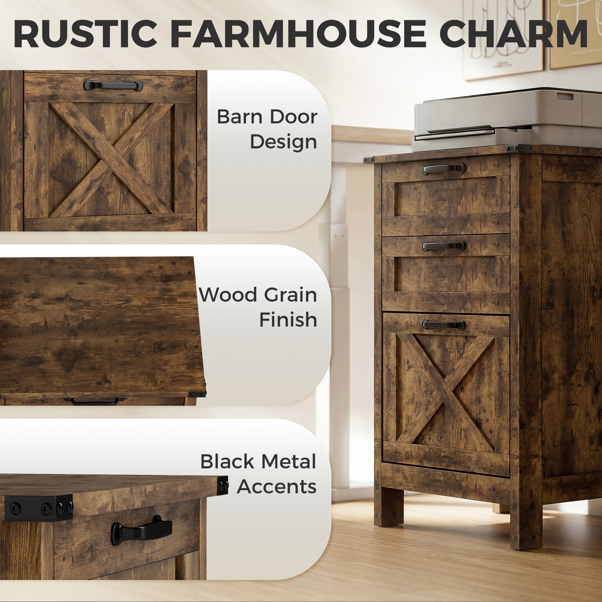 Vertical File Cabinet with 3 Drawers, Rustic Farmhouse Office Storage Cabinet for A4, Letter Size, Rustic Brown