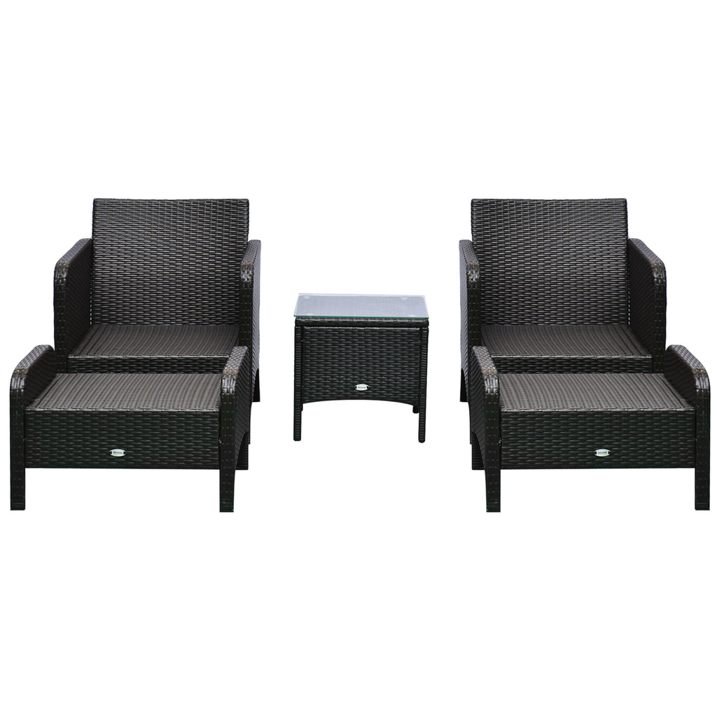 5 Pieces Rattan Wicker Lounge Chair Outdoor Patio Conversation Set with 2 Cushioned Chairs, 2 Ottomans and Tempered Glass Top Coffee Table, Brown/Blue