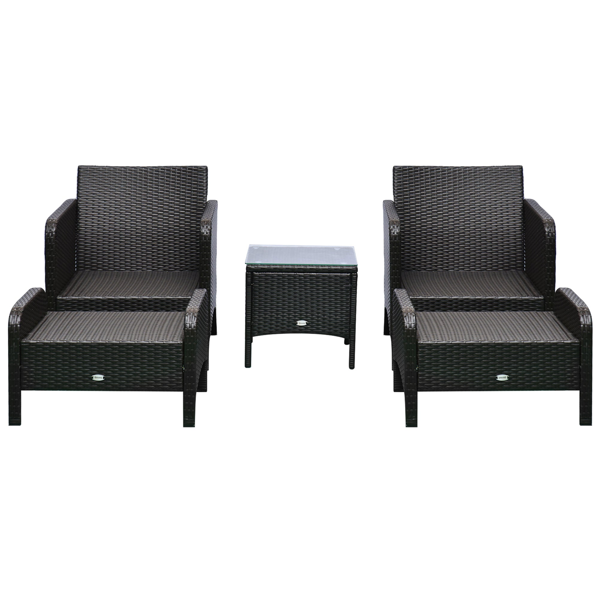 5 Pieces Rattan Wicker Lounge Chair Outdoor Patio Conversation Set with 2 Cushioned Chairs, 2 Ottomans and Tempered Glass Top Coffee Table, Brown/Blue
