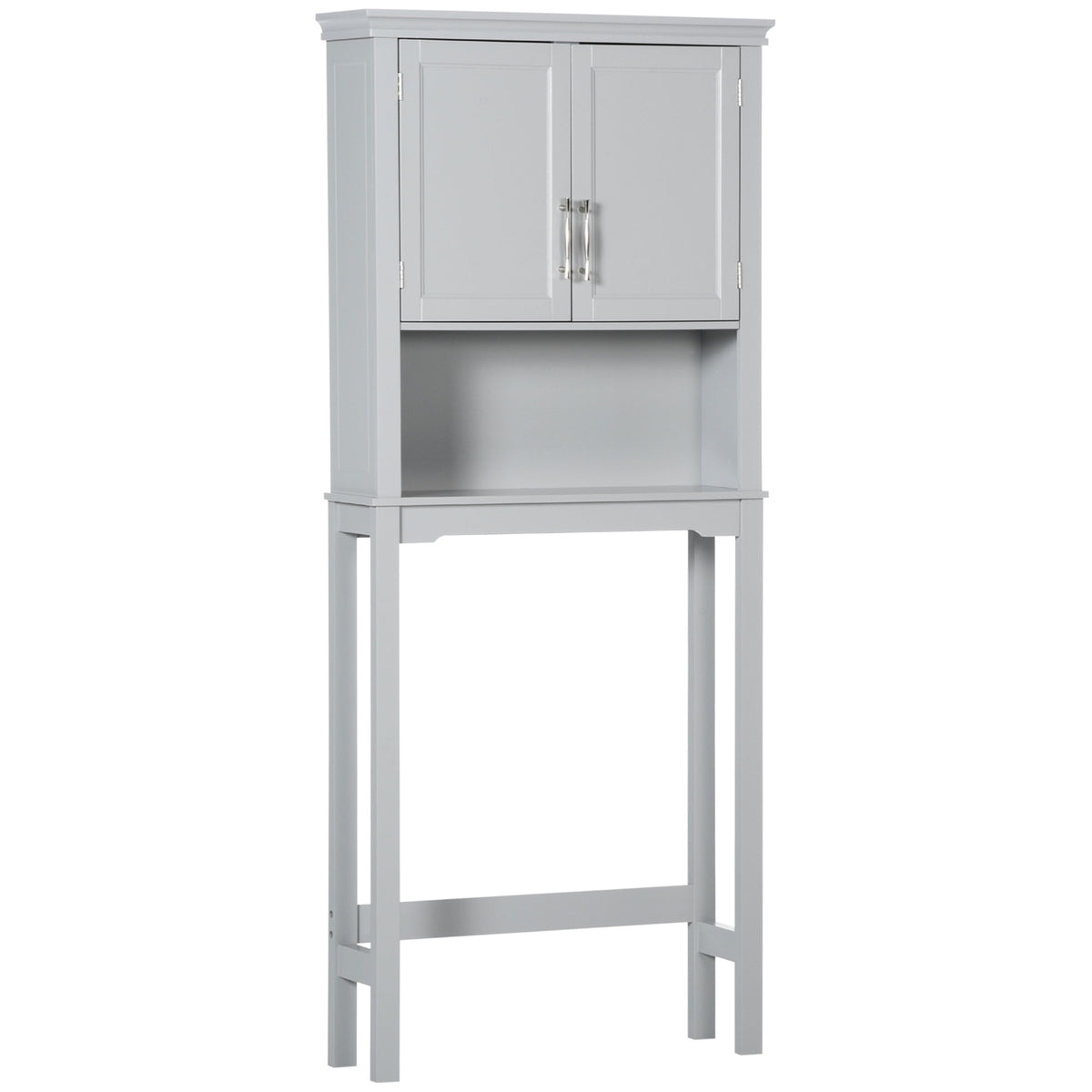 Modern Over The Toilet Storage Cabinet, Double Door Bathroom Organizer with Inner Adjustable Shelf and Open Shelf, Gray