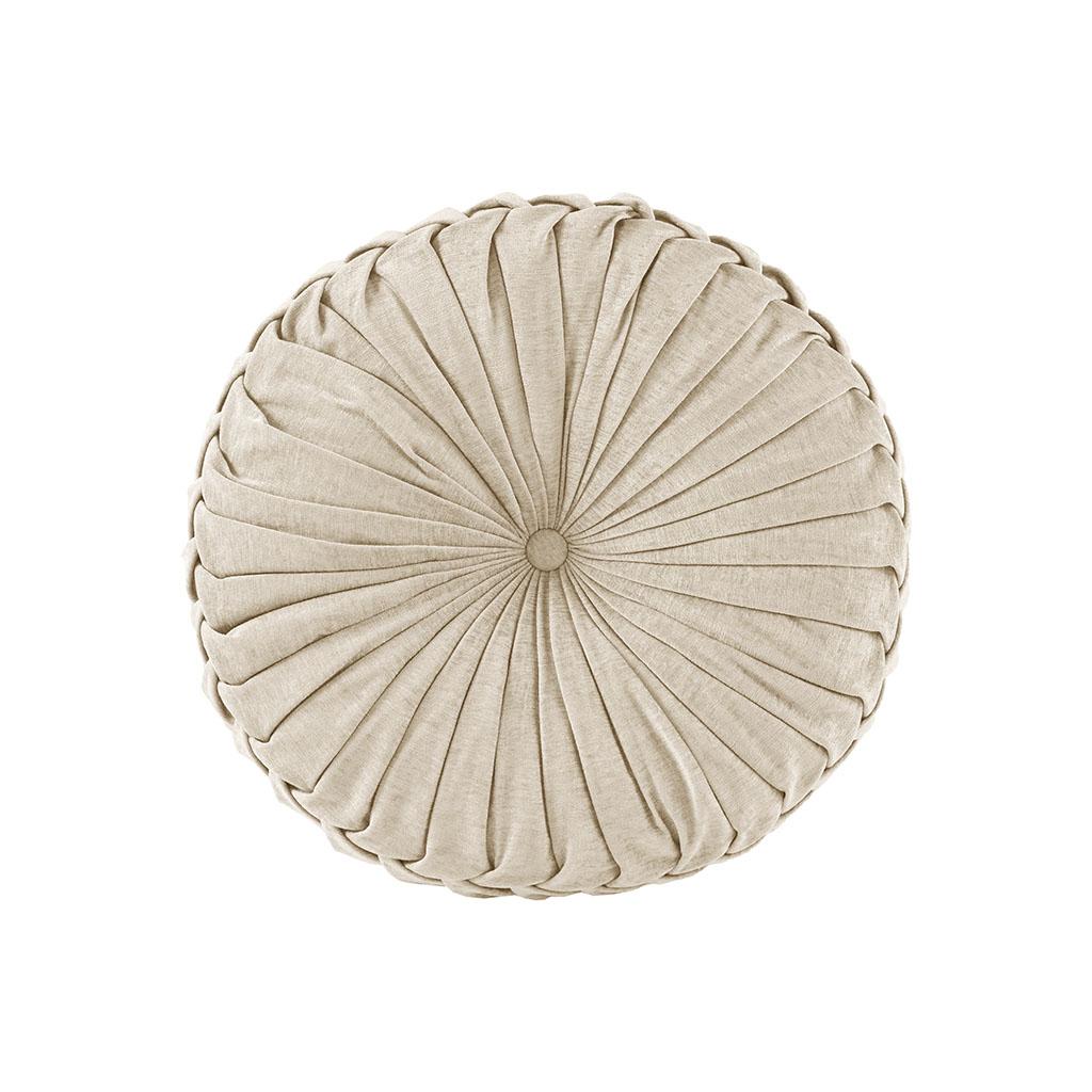 Poly Chenille Round Floor Pillow Cushion with Textured Fabric, Tufted Button Center, Pleated Detailing, 22" L x 22" W x 6" H, Ivory