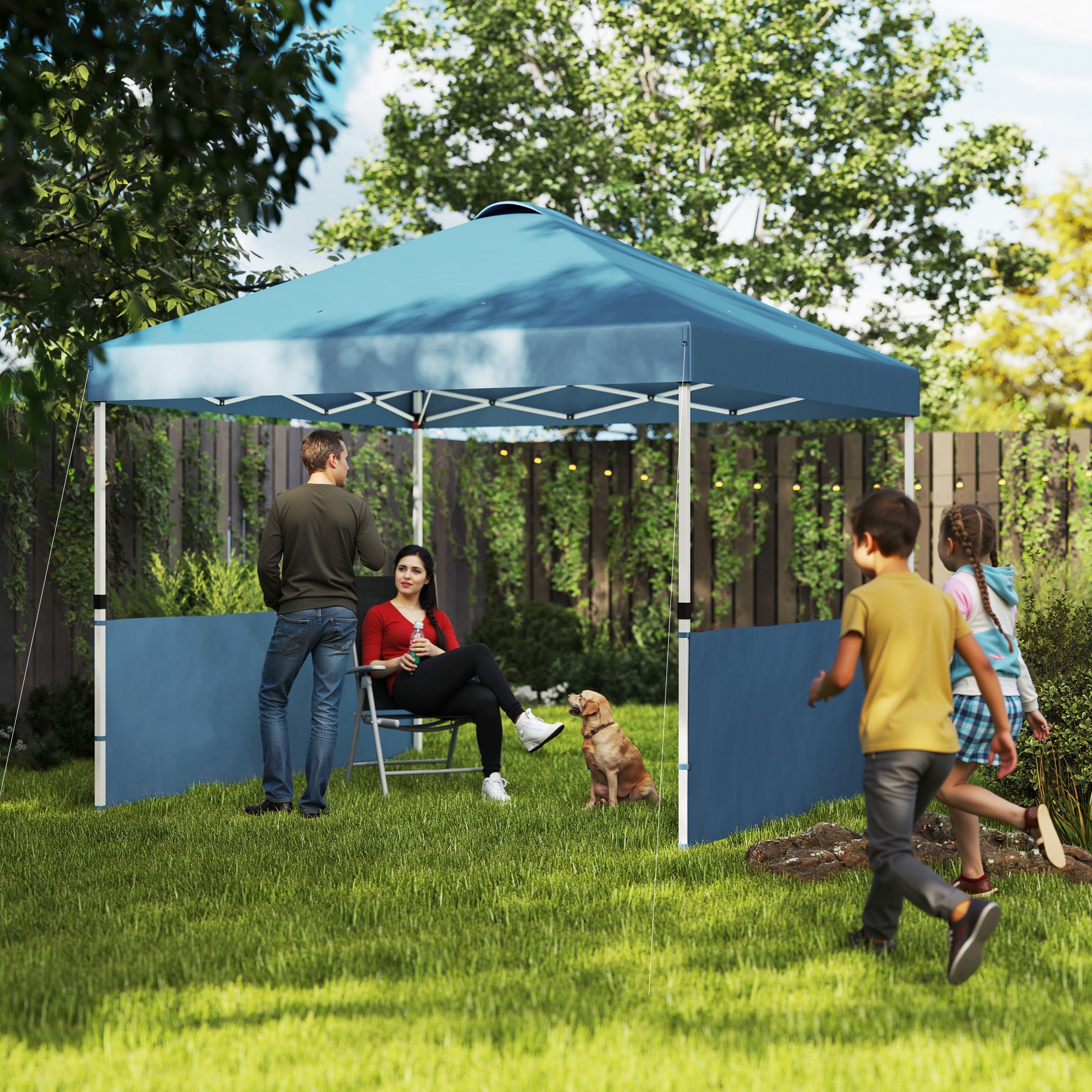 10' x 10' Pop Up Canopy Tent with 2 Half Sidewalls, UV50+ Instant Sun Shelter with Wheeled Carry Bag, Sea Blue