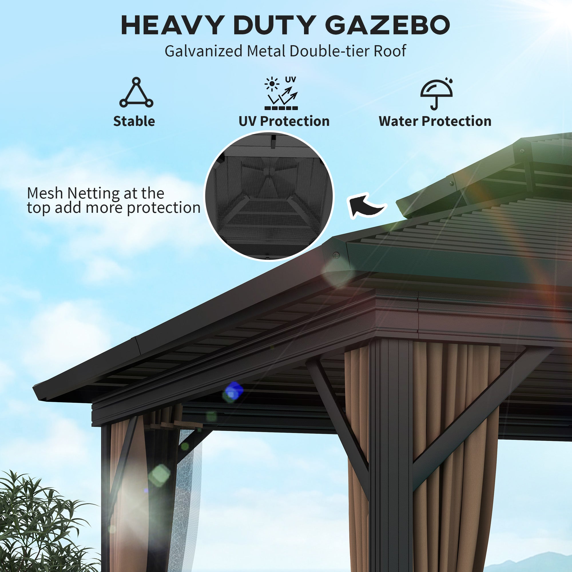 10' x 10' Hardtop Gazebo with Aluminum Frame, Metal Roof Gazebo Canopy w/ Hook, Curtains included, Dark Brown