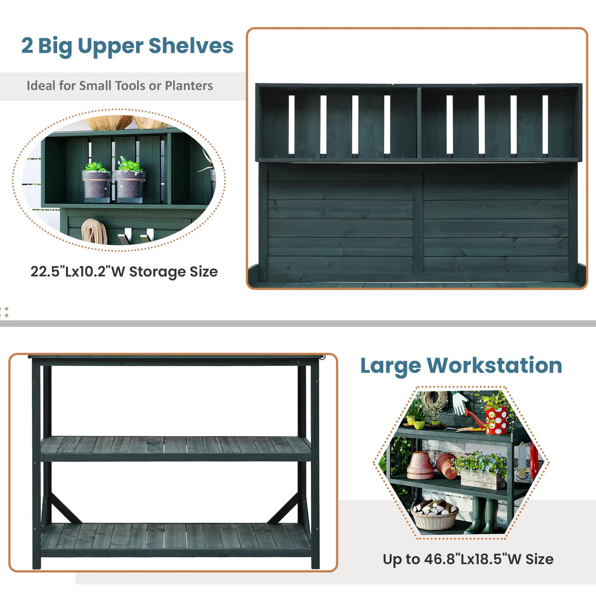 Outdoor Potting Bench with 4 Shelf & Side Hook for Patio, Farmhouse Garden Workstation with Large Tabletop, 47'' L x 19.5'' W x 65'' H, Green