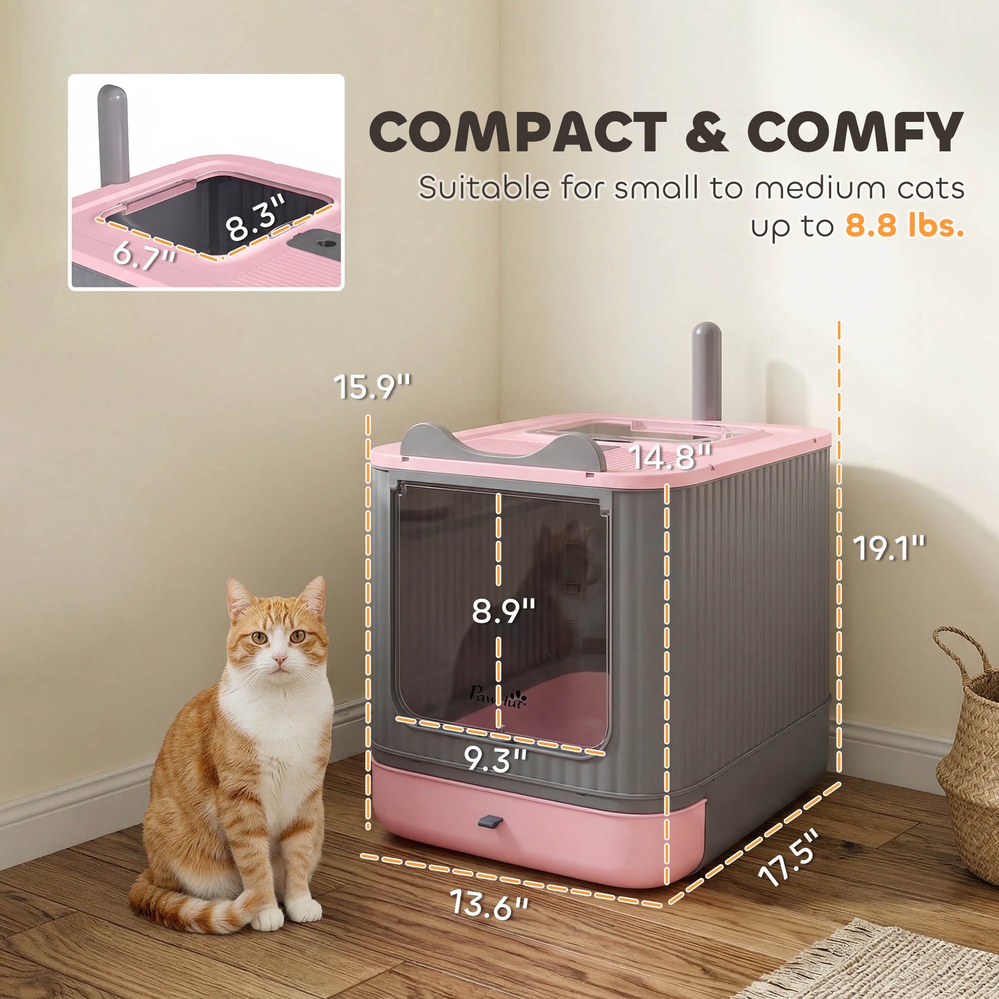Cat Litter Box with Lid, Enclosed Litter Box for Medium Cats, Front-Entry and Top-Exit, Scoop, Deodorizer Bag, Pink