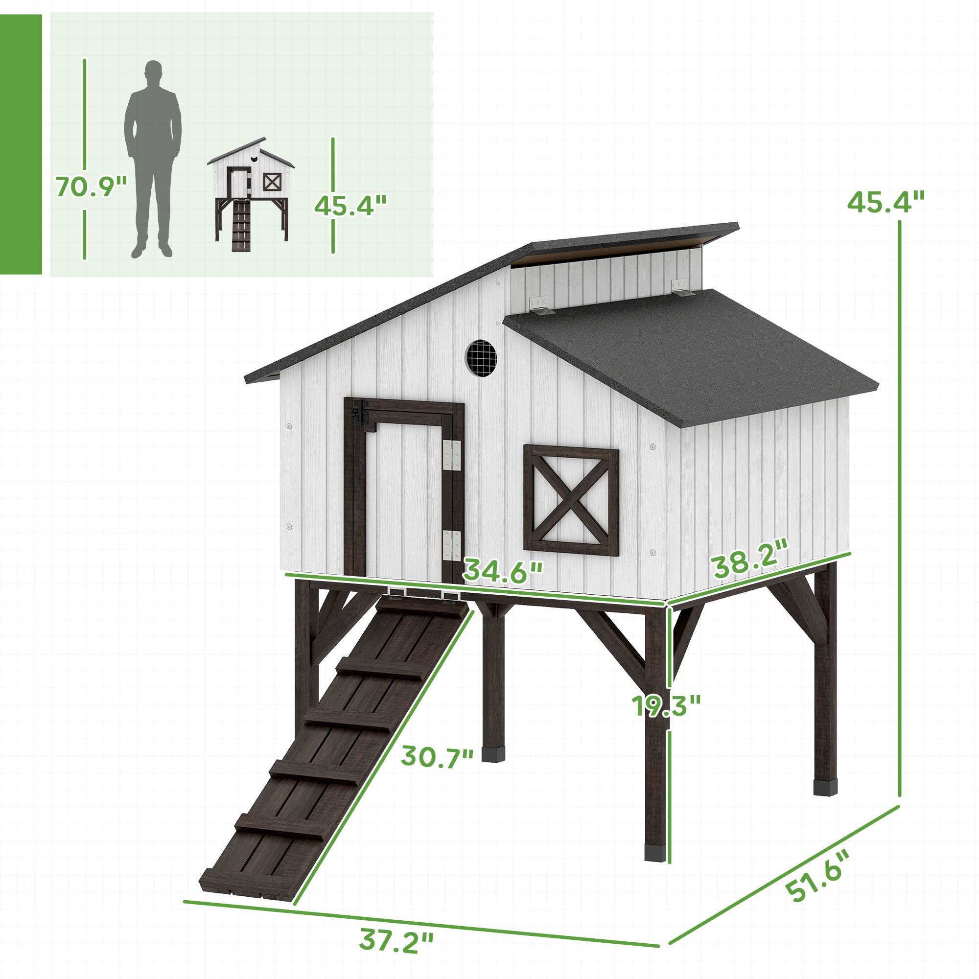 Chicken Coop Hen House with Nesting Box, Elevated Rabbit Hutch with Ramp, Asphalt Openable Roof and Elevated Legs