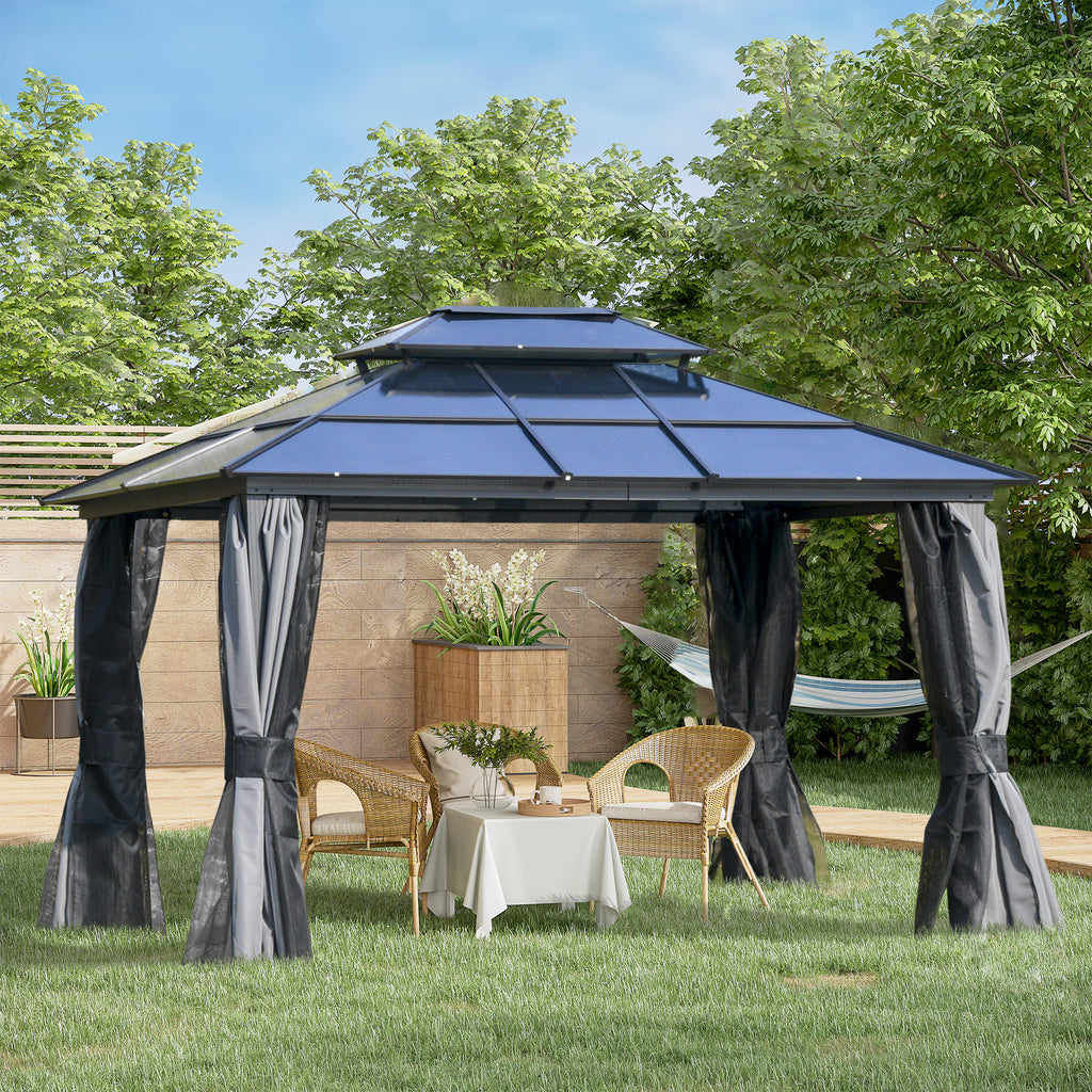 10' x 12' Hardtop Gazebo Canopy with Polycarbonate Roof, Aluminum Frame, Permanent Pavilion Outdoor Gazebo with Netting, for Patio, Garden, Backyard, Deck, Lawn, Light Gray