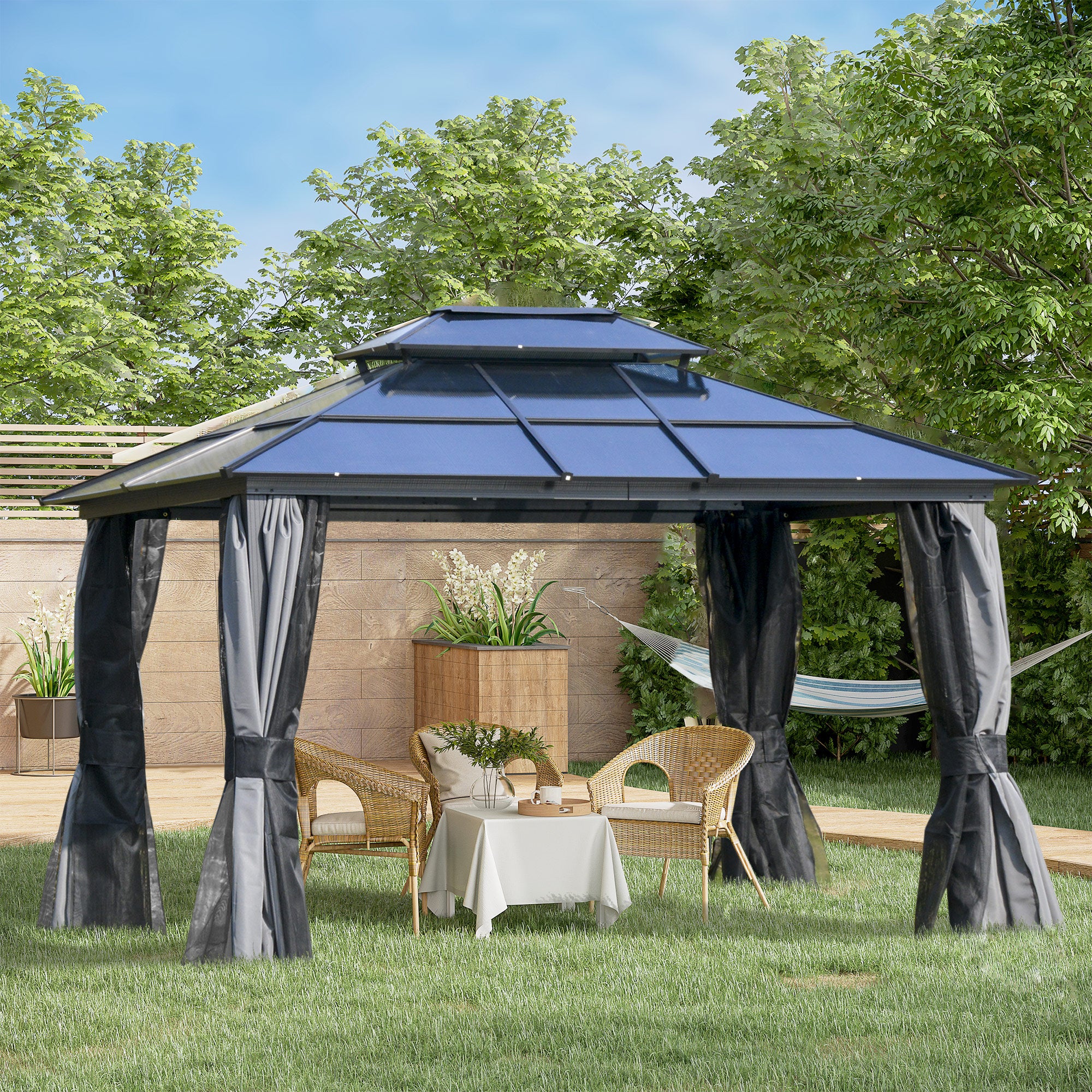 10' x 12' Hardtop Gazebo Canopy with Polycarbonate Roof, Aluminum Frame, Permanent Pavilion Outdoor Gazebo with Netting, for Patio, Garden, Backyard, Deck, Lawn, Light Gray