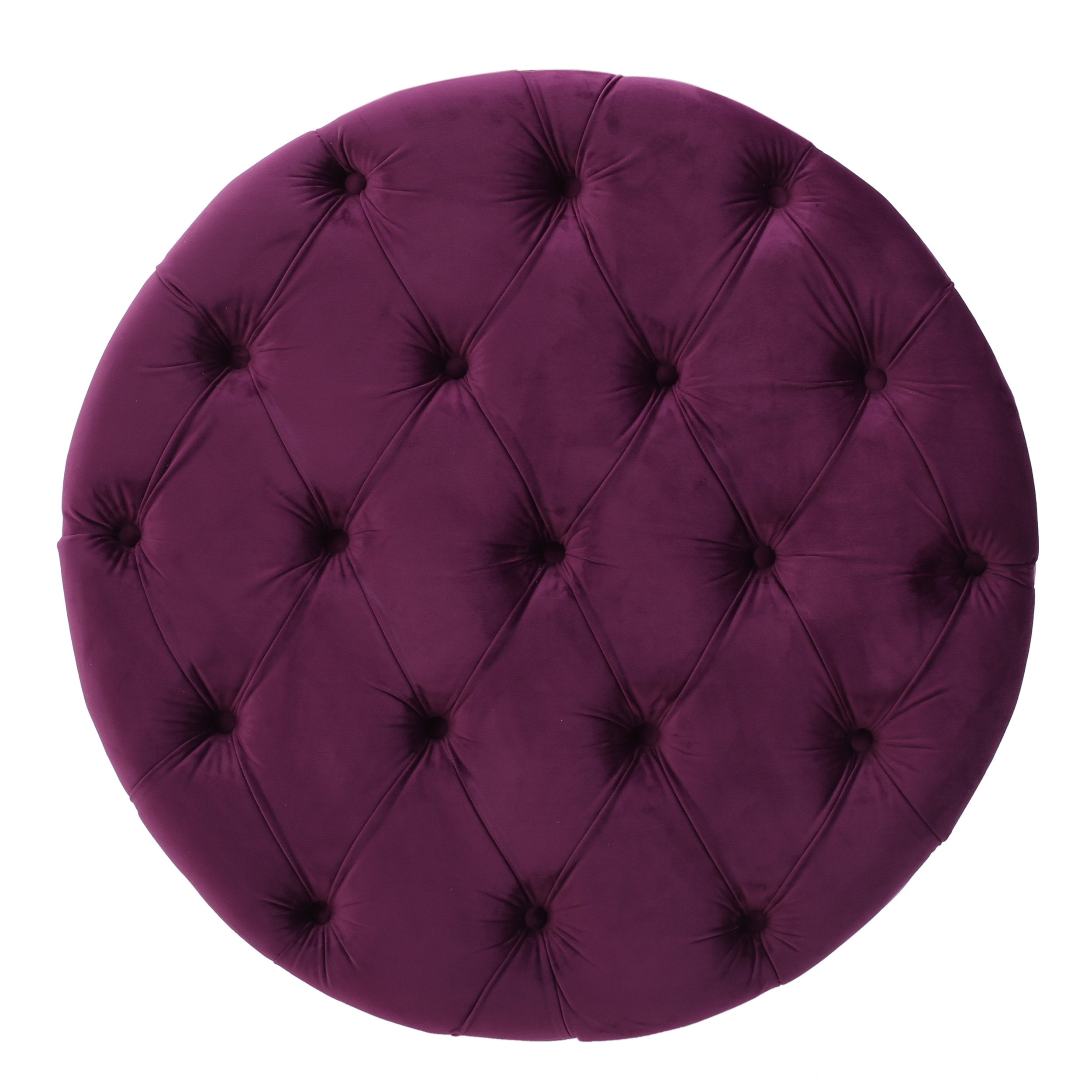 Modern Glam Round Velvet Ottoman with Cushioned Top, Sturdy Frame, and Space-Saving Design, 29.5" L x 29.5" W x 18" H, Fuchsia