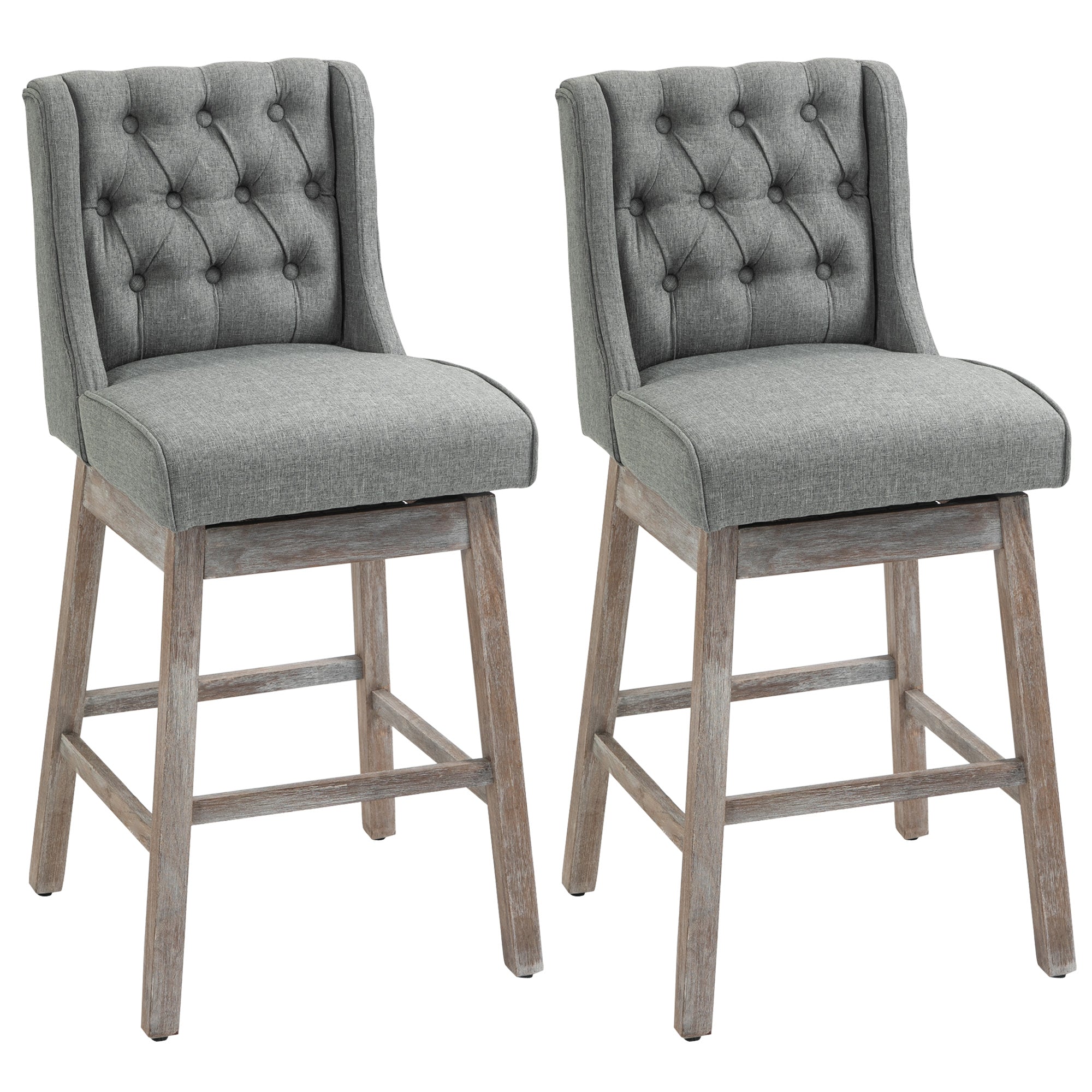 Bar Height Bar Stools Set of 2, 180 Degree Swivel Barstools with Solid Wood Footrests and Button Tufted Design, 30" Seat Height Bar Chairs for Kitchen Island, Gray