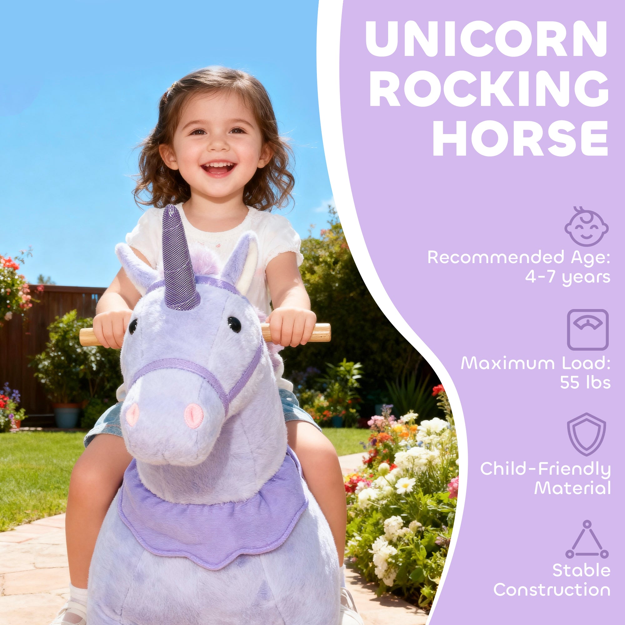 Ride on Unicorn Toy for Kids 4-7 Years, 37.8 Inch Plush Baby Rocking Horse with Wheels, No Battery Required, Purple