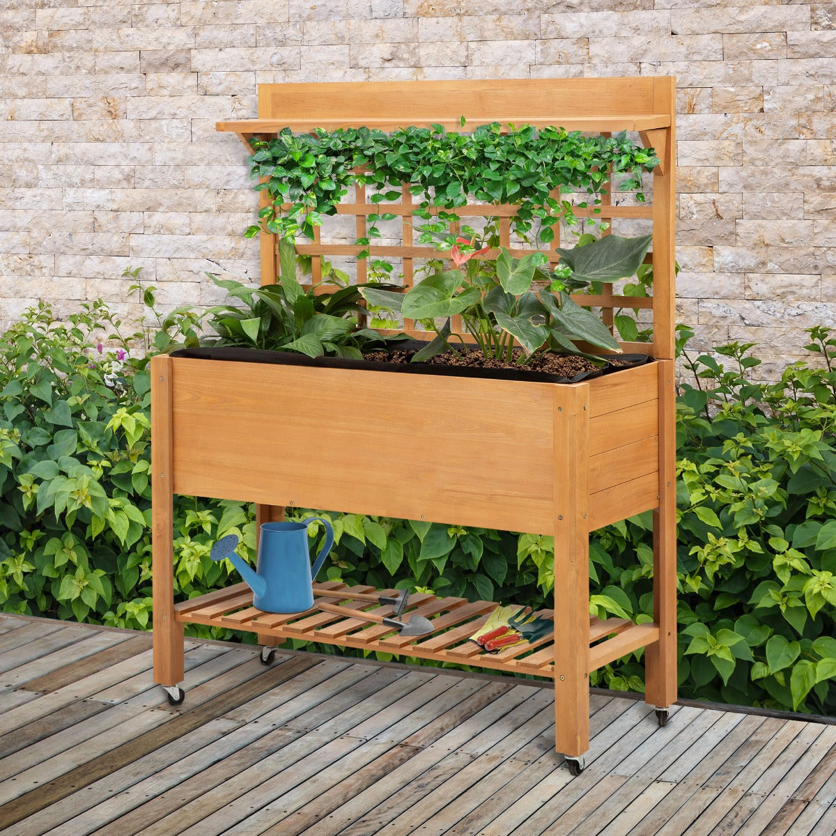 41"x18"x53" Elevated Garden Raised Bed with Shelf and Wheels Solid Wood Planter Flower Herb Boxes for Vegetables Flower Outdoor/Indoor - Brown