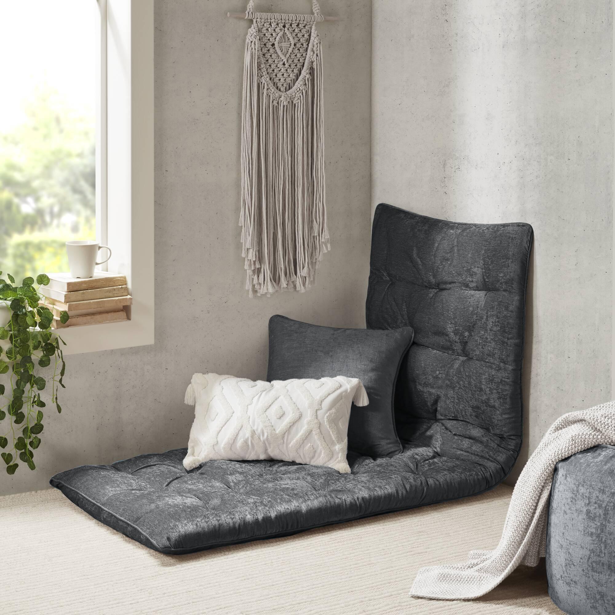 Poly Chenille Lounge Floor Pillow Cushion with 100% Polyester Filling, Tufted Detailing, Self Travel Wrap, 74" L x 27" W x 3" H, Charcoal