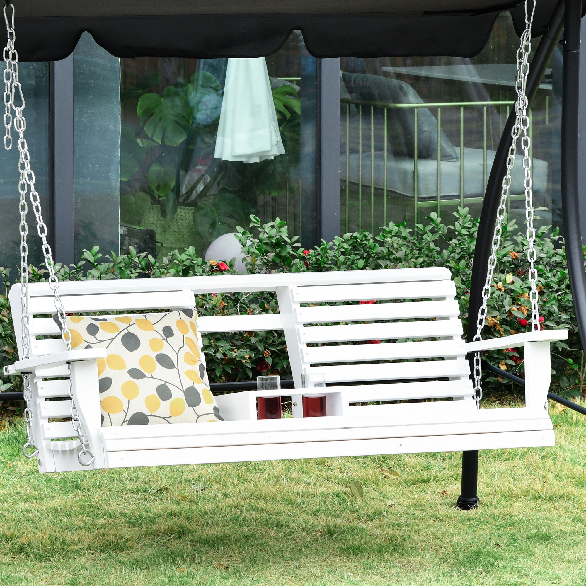 3-Seater Wooden Porch Swing, Patio Swing Bench with Folding Coffee Table, Cup Holders and Chains Included, 440lbs Weight Capacity, White