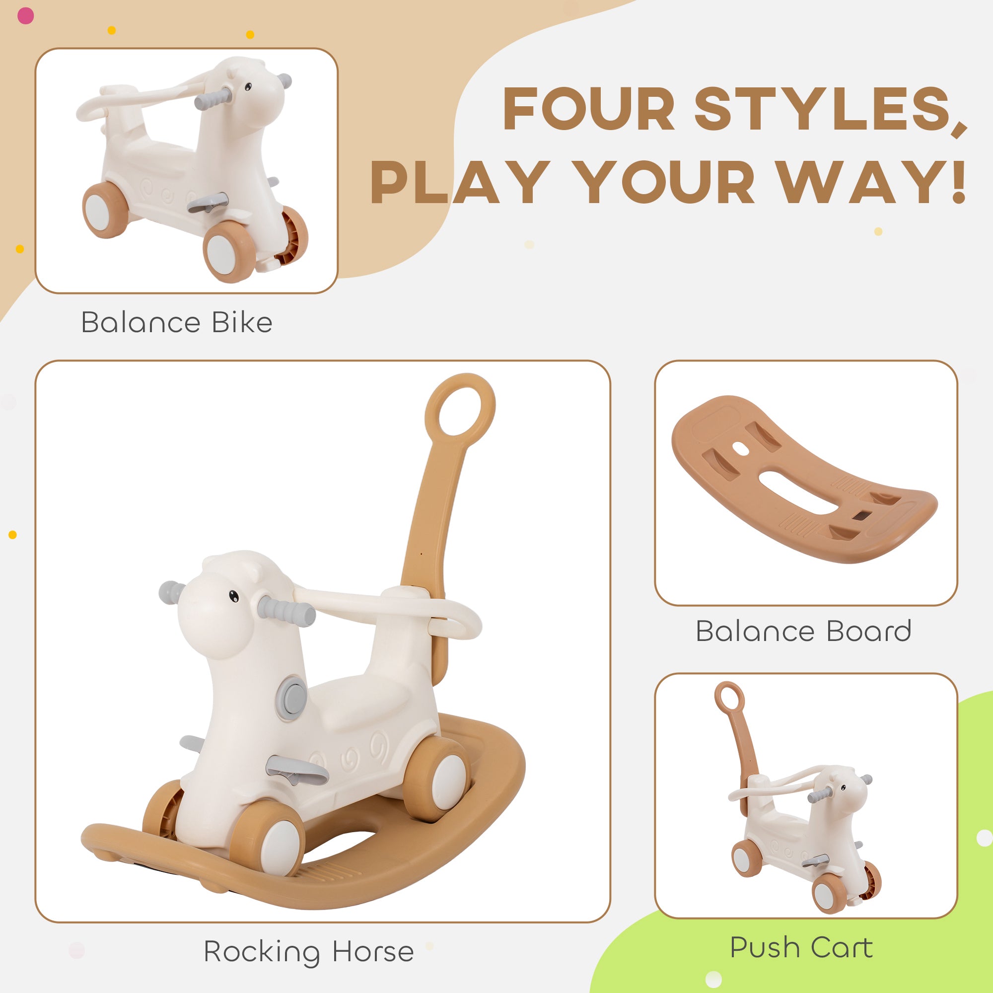 Rocking Horse for Toddlers 1-3 Years, 4-in-1 Baby Rocking Horse with Detachable Balance Board and Push Handle, Brown