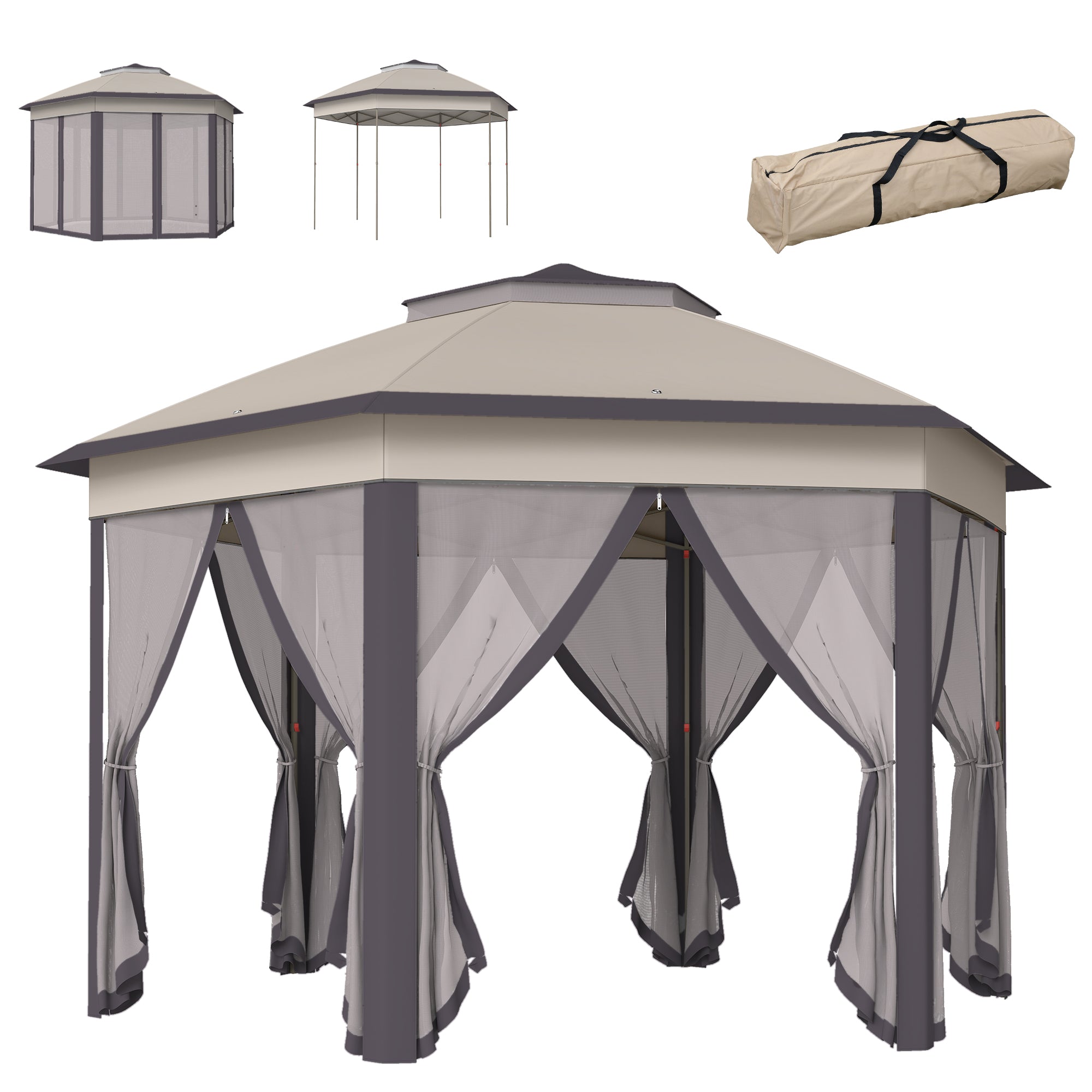 13' x 13' Pop Up Gazebo Hexagonal Canopy Shelter with 6 Zippered Mesh Netting for Patio Backyard Garden Wedding Party