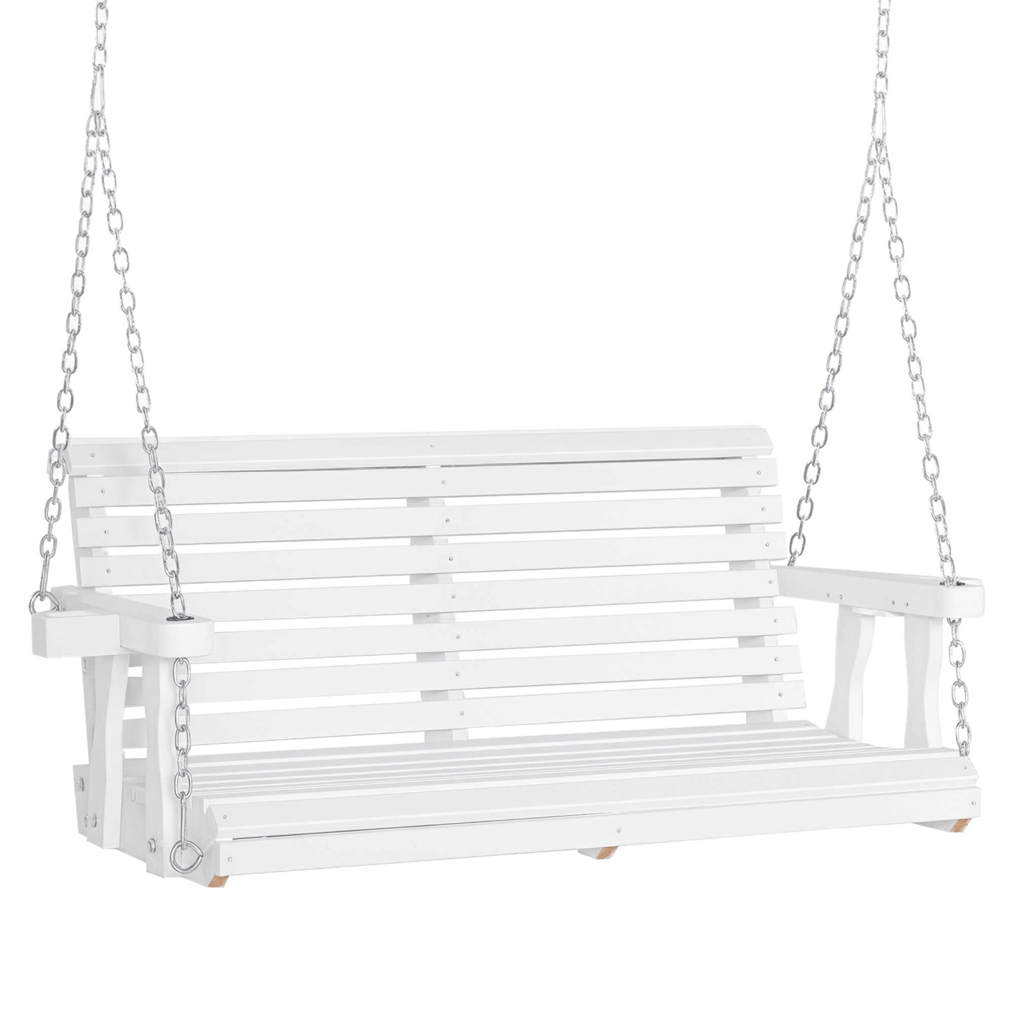 46" 2-Person Porch Swing Wooden Patio Swing Bench with Cup Holders, Slatted Design, Chains, 440lb Weight Capacity, White