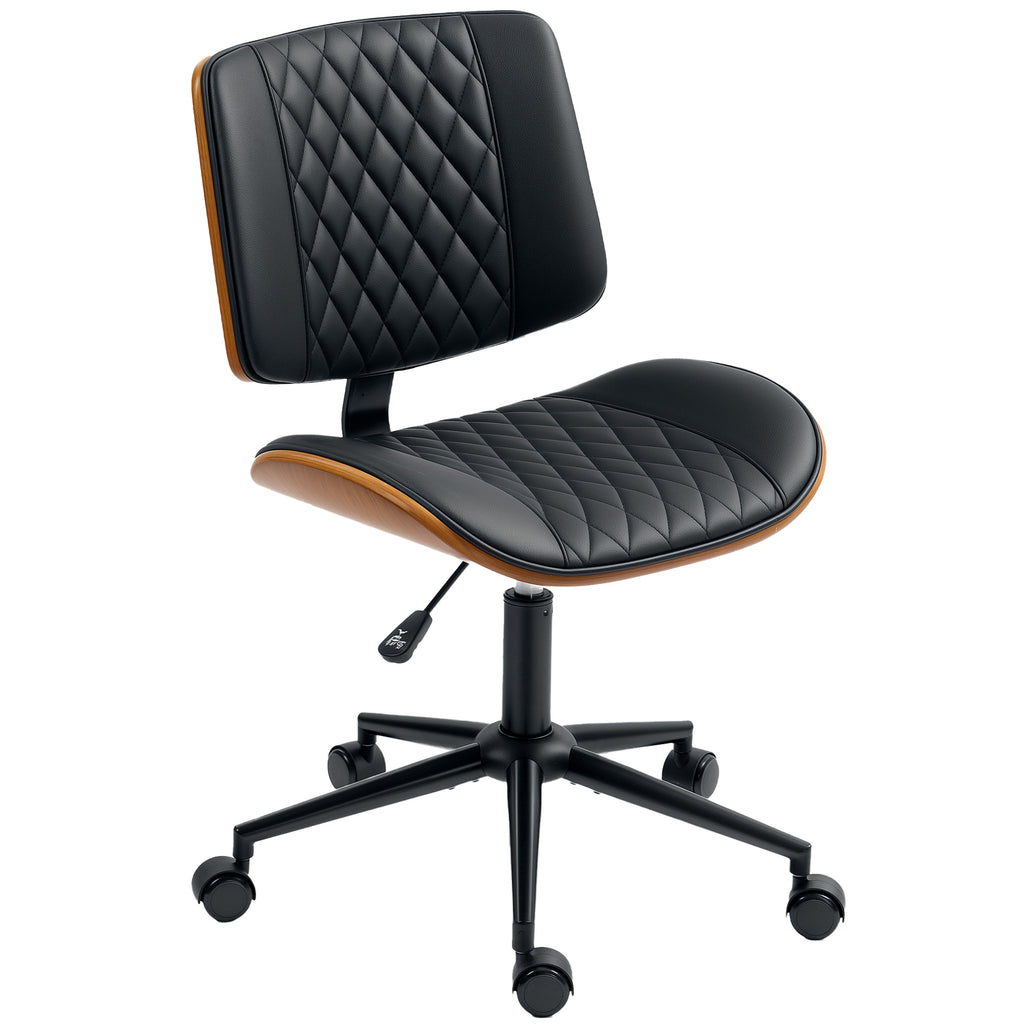 Home Office Chair No Arms with Wheels, PU Leather Desk Chair with Adjustable Height, 360 Swivel for Reading, Black