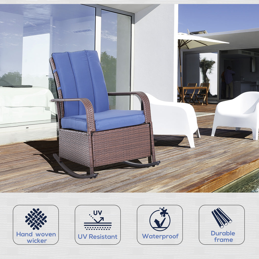 Outdoor Rattan Wicker Rocking Chair Patio Recliner with Soft Cushion, Adjustable Footrest, Max. 135 Degree Backrest, Blue