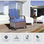 Outdoor Rattan Wicker Rocking Chair Patio Recliner with Soft Cushion, Adjustable Footrest, Max. 135 Degree Backrest, Blue