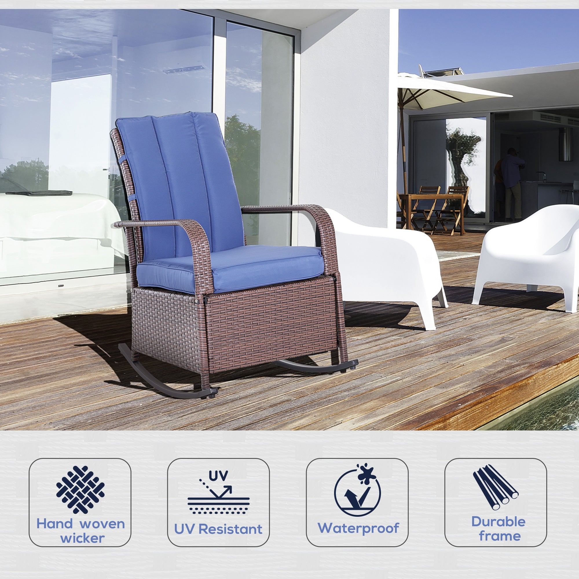 Outdoor Rattan Wicker Rocking Chair Patio Recliner with Soft Cushion, Adjustable Footrest, Max. 135 Degree Backrest, Blue
