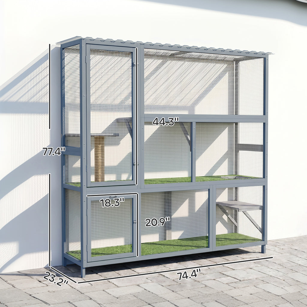 Catio Outdoor Cat Enclosure, 77" H Wooden Cat House with Weatherproof Roof, Platforms and Scratching Post
