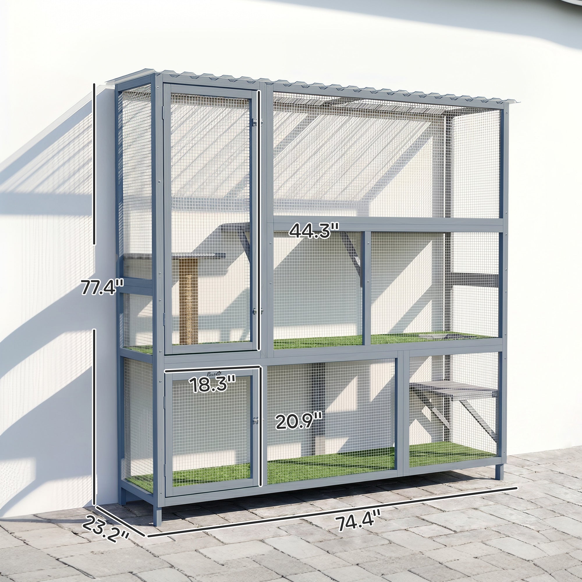 Catio Outdoor Cat Enclosure, 77" H Wooden Cat House with Weatherproof Roof, Platforms and Scratching Post