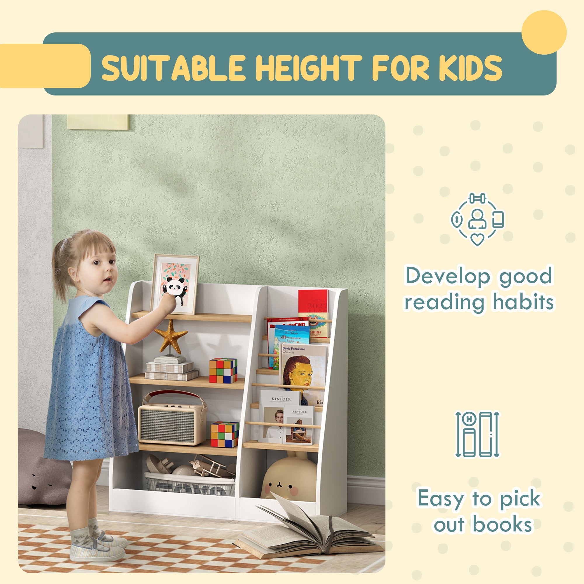 4 Tier Kids Bookshelf and Toy Storage Organizer with Book Rack, for Living Room, Kids Room, Playroom, Bedroom, White