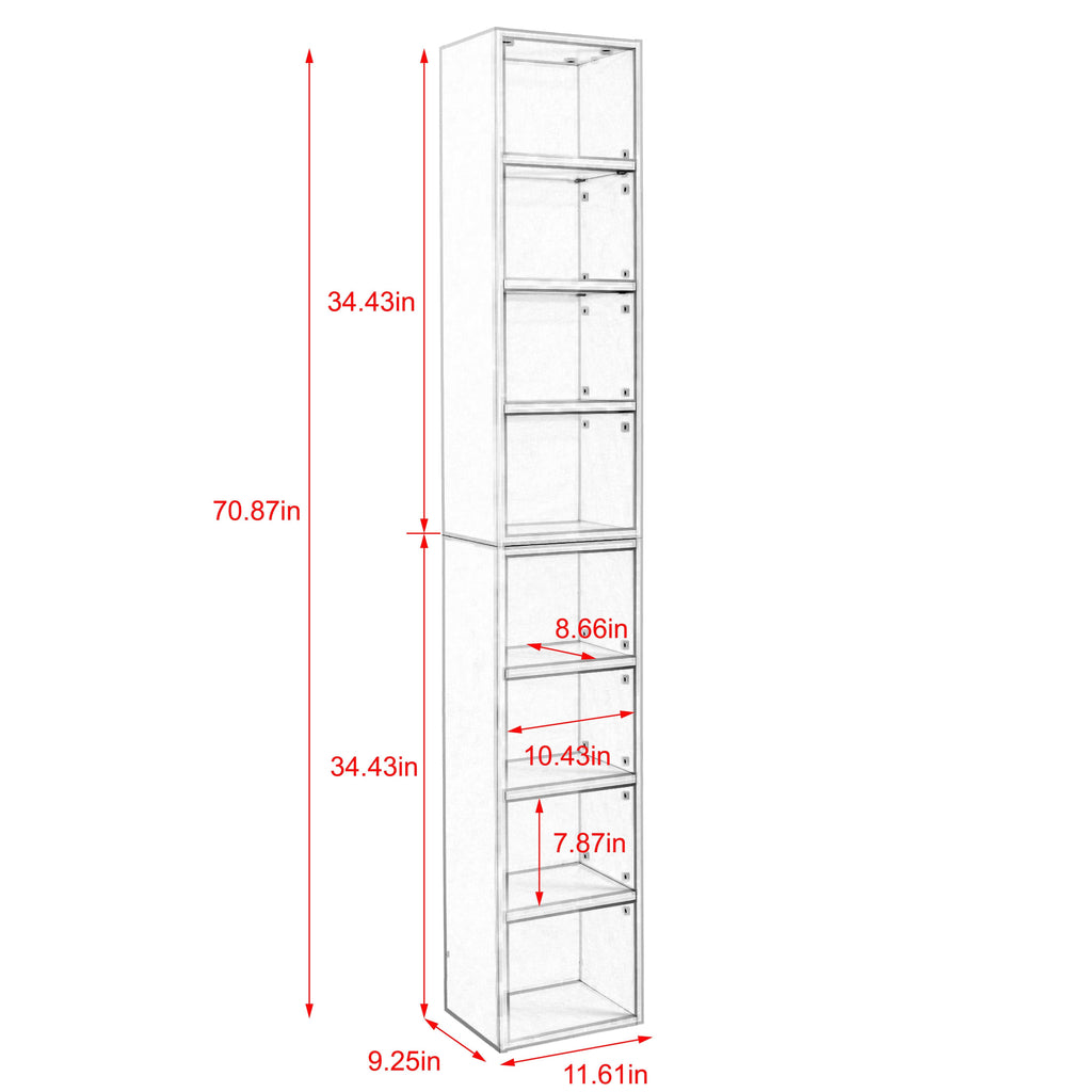 8-Tier Slim Media Tower Rack with Adjustable Shelves, Anti-Tip Hardware, Tall Narrow Bookcase for Compact Room, 11.5" L x 9.5" W x 71" H, Walnut