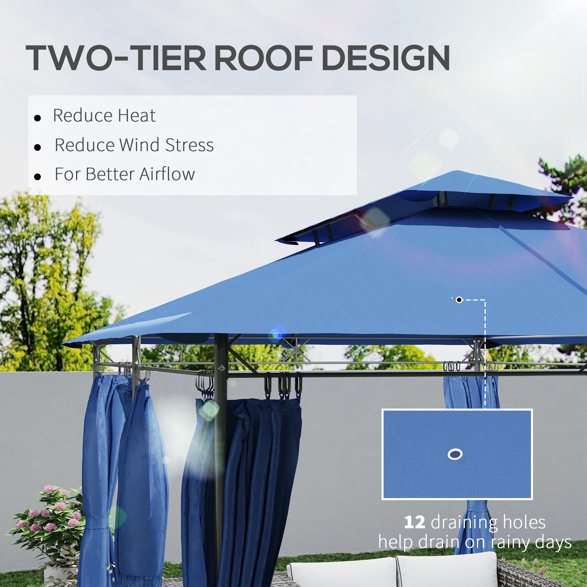 10' x 13' Double Roof Patio Gazebo, Outdoor Gazebo with Curtains, for Garden, Lawn, Backyard and Deck, Dark Blue