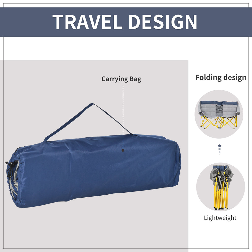 Loveseat Style Camping Chair, Oversized Folding Lawn Chair with Carry Bag & Cup Holders, for Outdoor, Navy Blue & Gray