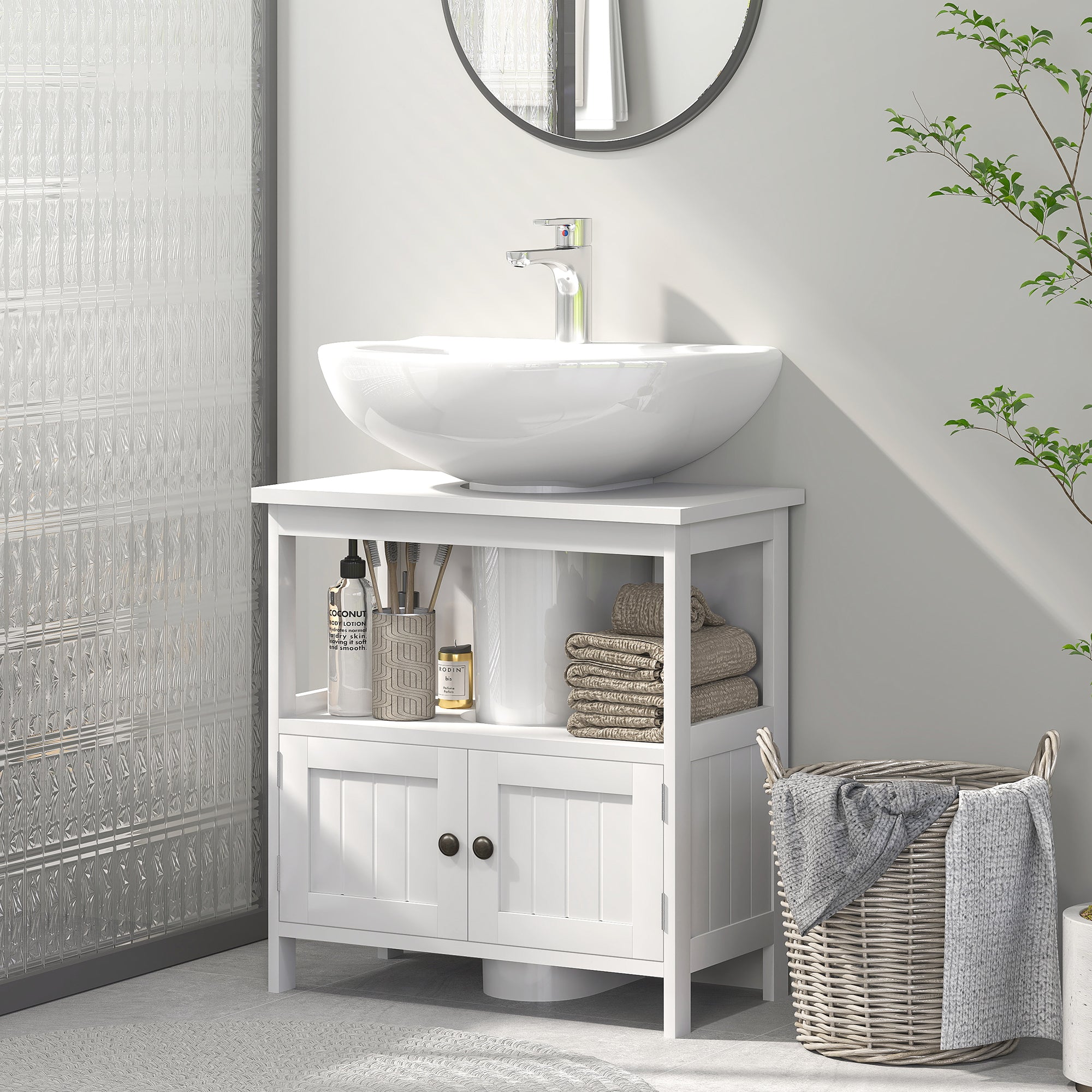 Pedestal Sink Storage Cabinet, Bathroom Under Sink Cabinet with 2 Doors and Open Shelf, Bathroom Vanity, White
