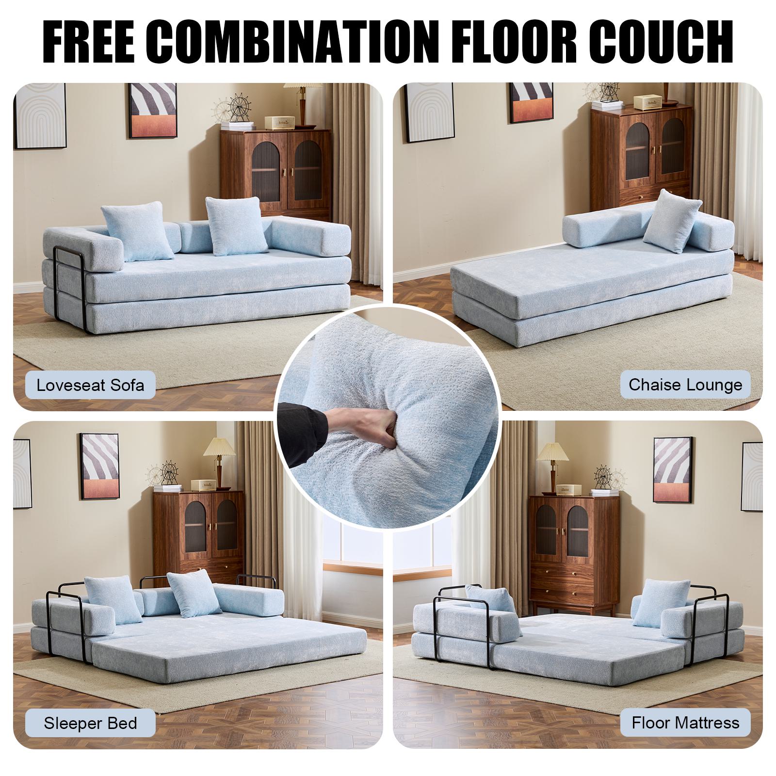 Foldable Sofa Bed Convertible Floor Sofa with Pillow Back Support and Armrest, Compressed Sofa Lounge Sleeper with Chenille Fabric, 77'' L x 37.5'' W x 23.5'' H, Light Blue