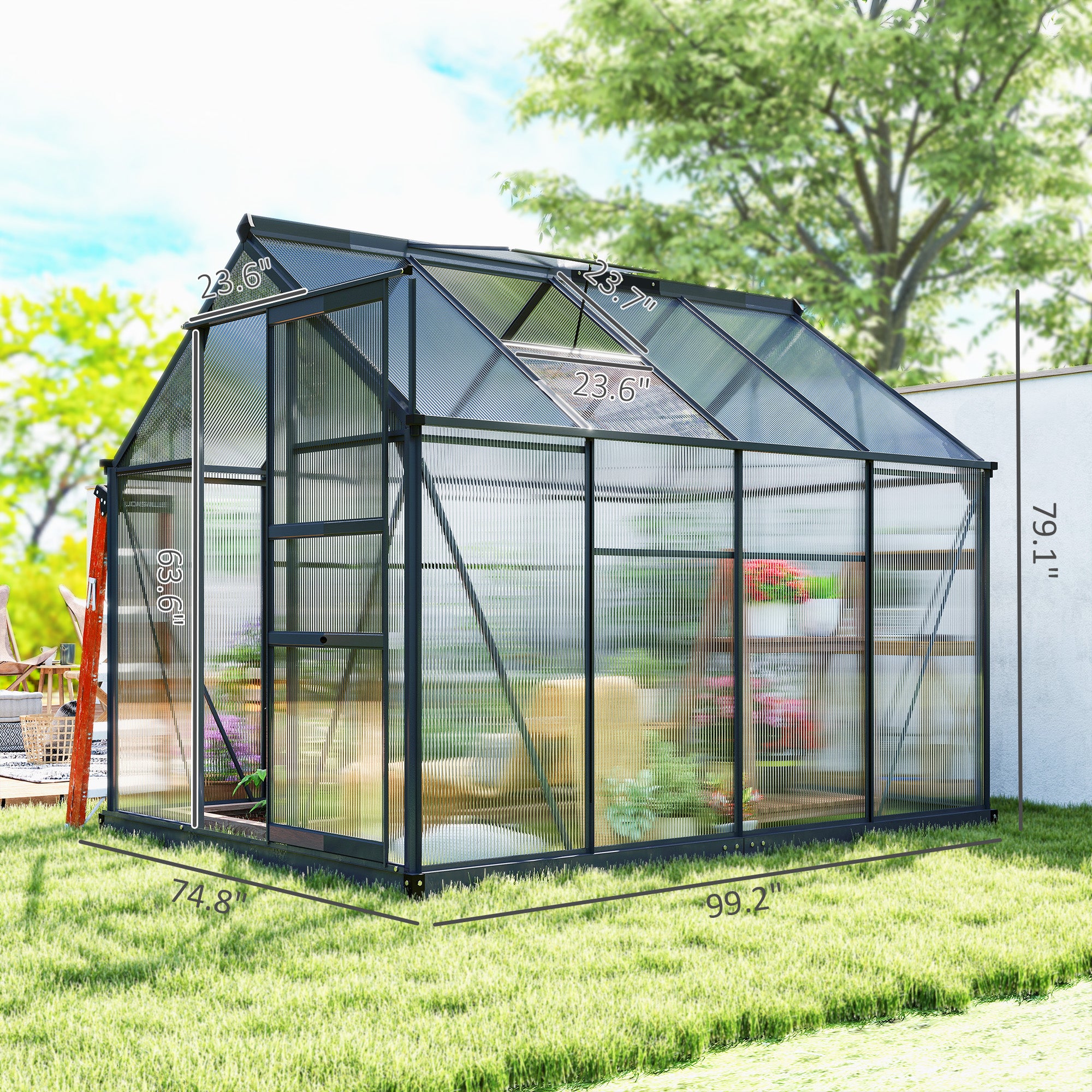 Polycarbonate Greenhouse, Heavy Duty Outdoor Aluminum Walk-in Green House Kit Vent Door, 6.2'x8.3'x6.6' Gray