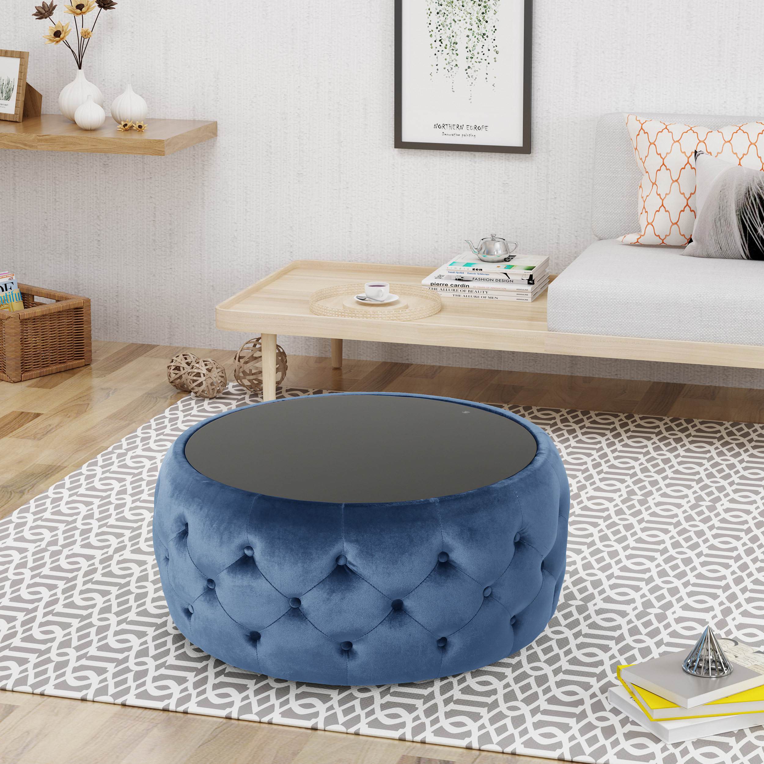 Velvet Ottoman with Cushioned Top, Sturdy Frame, and Space-Saving Design, 30" L x 30" W x 14.5" H, Dark Blue