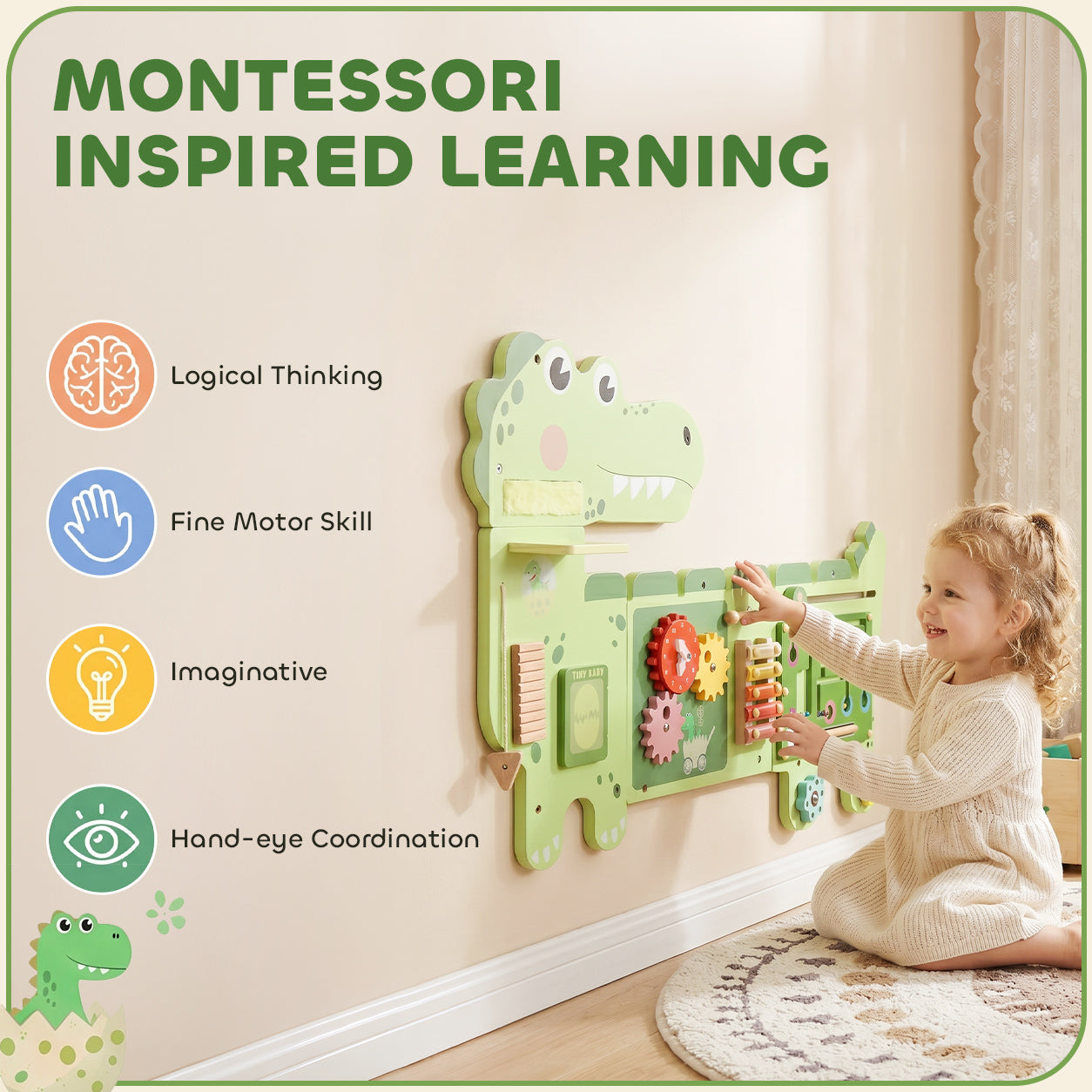 Busy Board Panels Wall-Mounted Montessori Sensory Toys Sensory Wall MDF 87 x 52 x 5.5 cm Dinosaur, Green