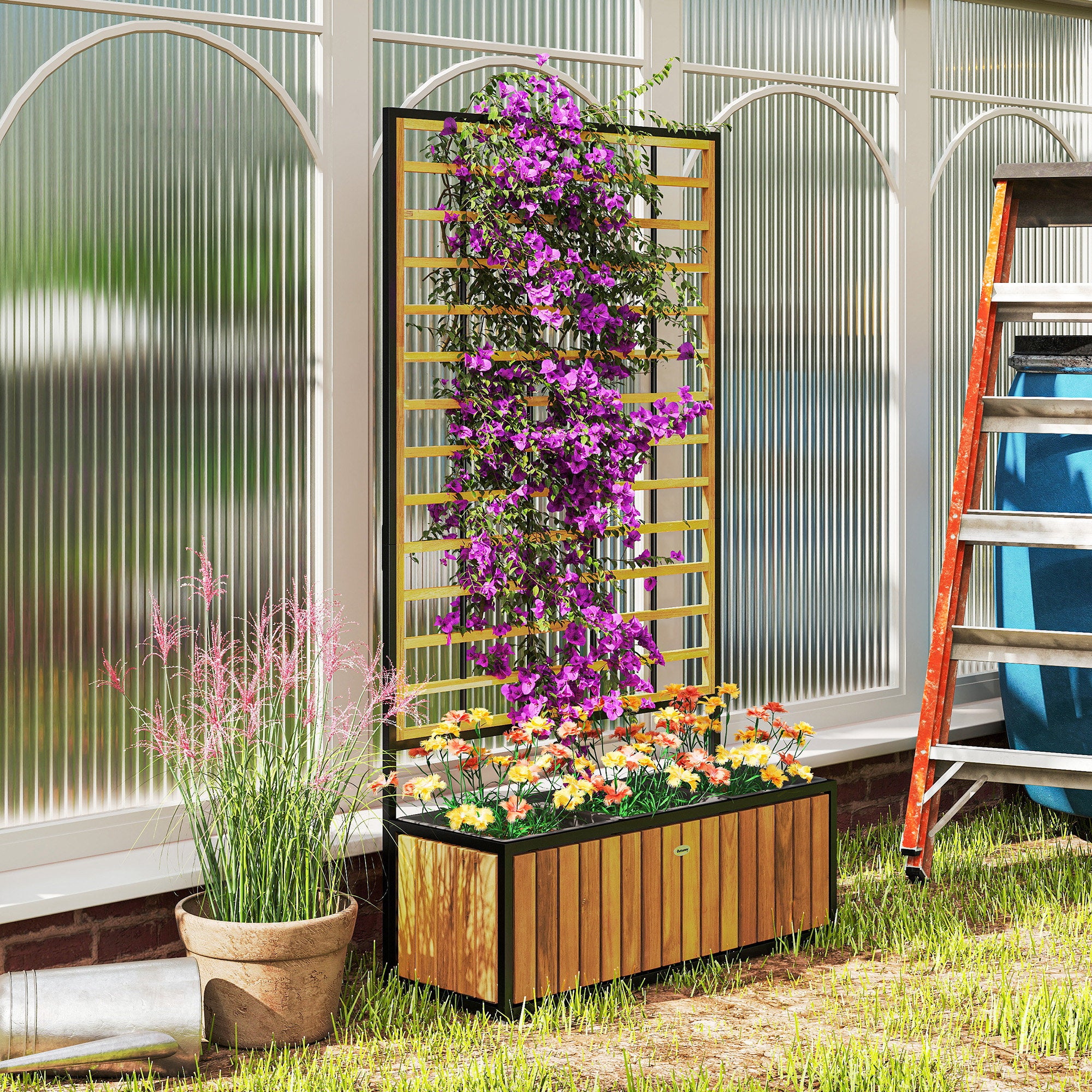 Wooden Raised Garden Bed with Trellis, Removable Pots for Backyard, Patio, Balcony, 29" x 11" x 52", Teak