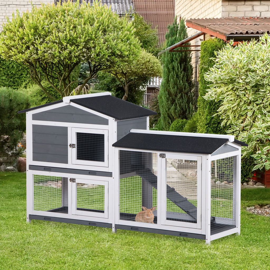 2-tier Indoor Rabbit Enclosure, Wood Hutch Backyard Small Animal House Ramp Outdoor Run Enclosed