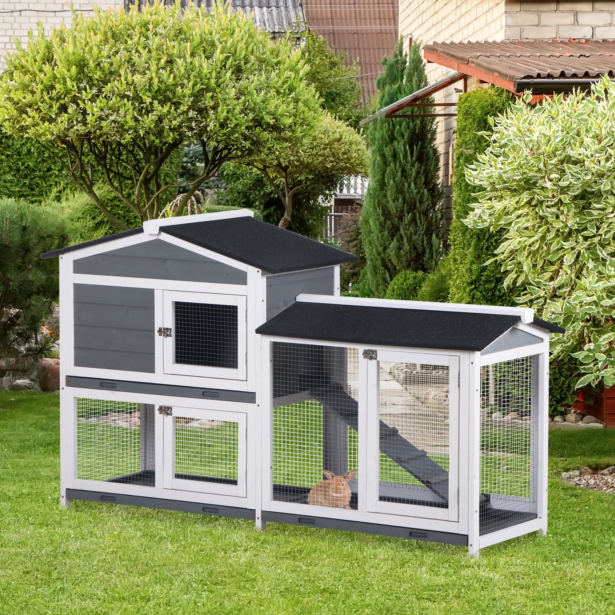 2-tier Indoor Rabbit Enclosure, Wood Hutch Backyard Small Animal House Ramp Outdoor Run Enclosed