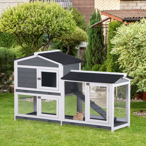 2-tier Indoor Rabbit Enclosure, Wood Hutch Backyard Small Animal House Ramp Outdoor Run Enclosed
