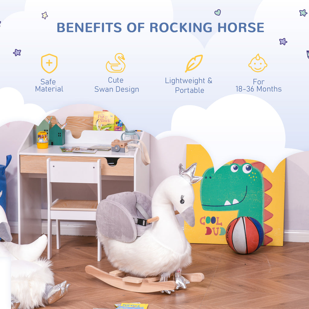 Kids Ride on Horse Swan Rocker with Sound, Plush Seat, Wooden Base, Safety Belt for Toddlers 18-36 Months, White