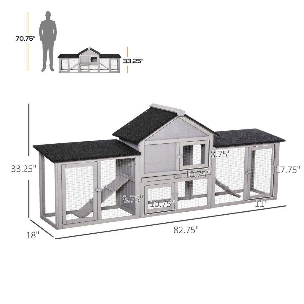 Outdoor Rabbit House 83" 2 Story Deluxe XL Wooden Rabbit Hutch Big Bunny Cage w/ Ladder and Run, Gray