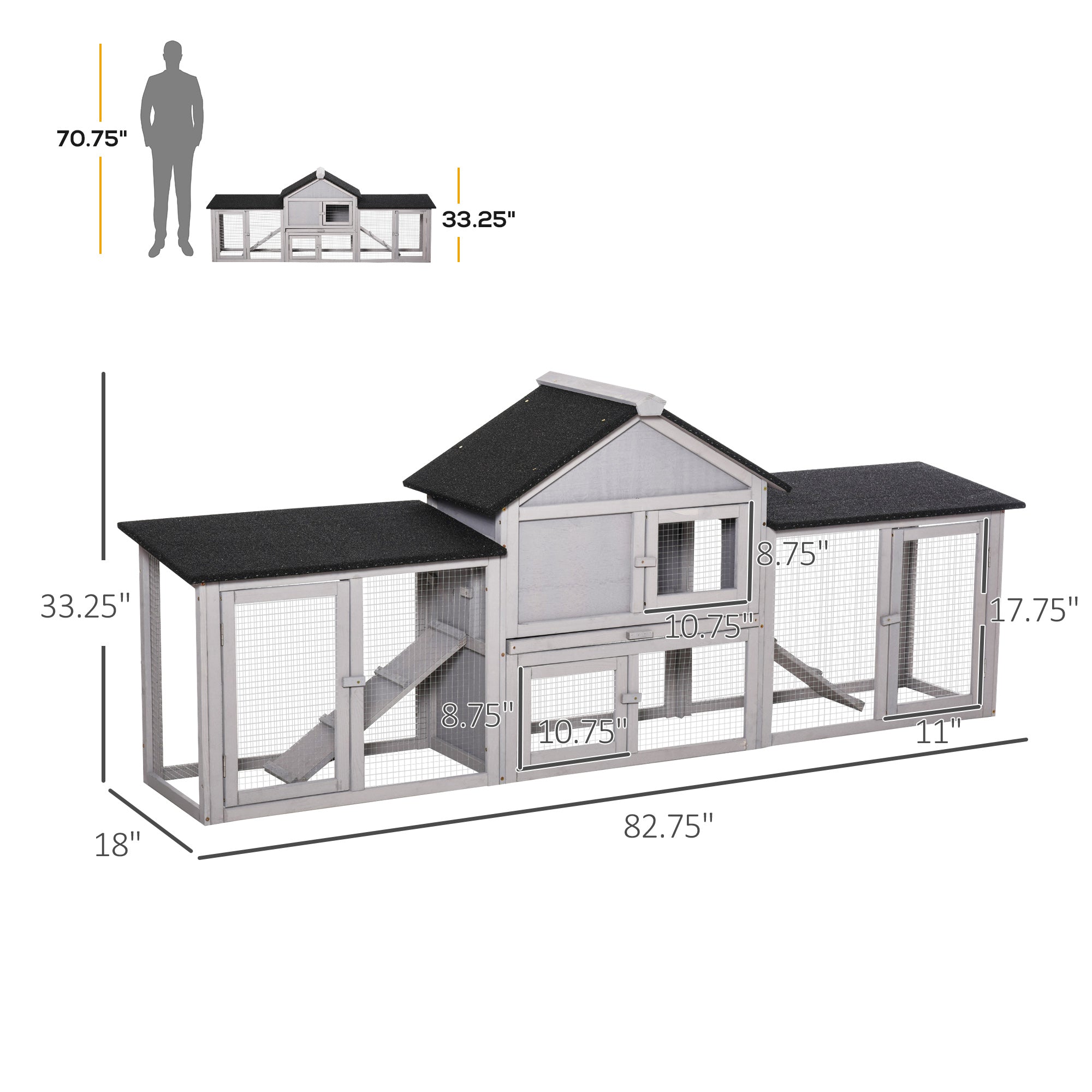 Outdoor Rabbit House 83" 2 Story Deluxe XL Wooden Rabbit Hutch Big Bunny Cage w/ Ladder and Run, Gray