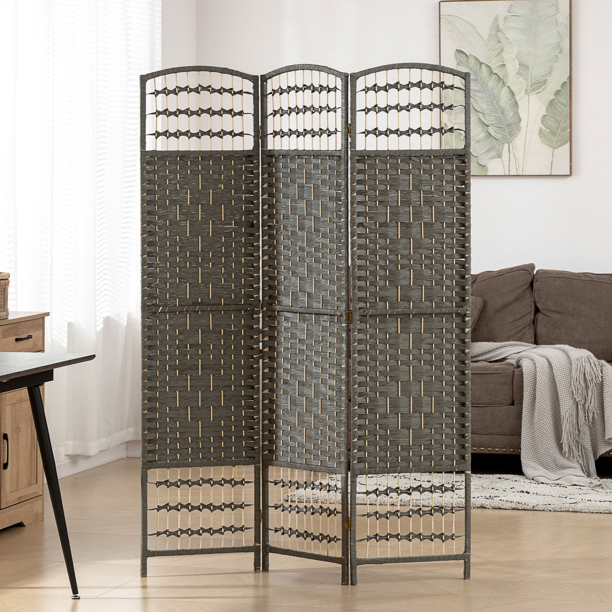 3 Panel Folding Room Divider Portable Privacy Screen Wave Fiber Room Partition for Home Office Dark Gray