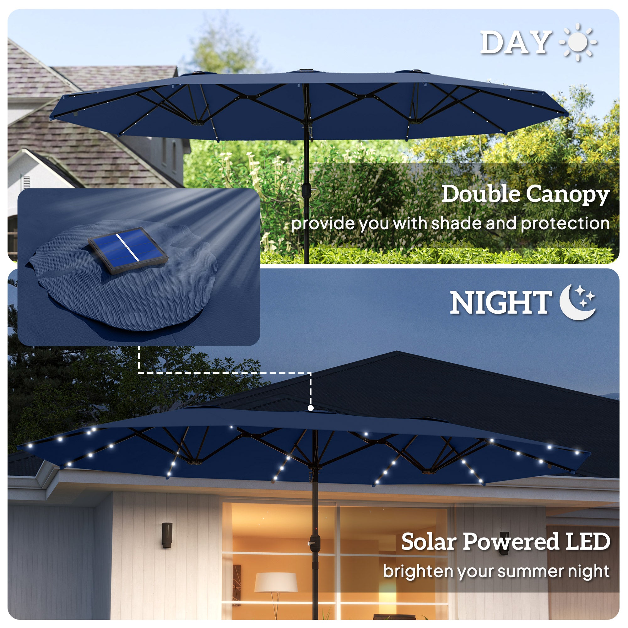 Garden Parasol 14.4ft Double-Sided Sun Umbrella with Base, Patio Parasol with LED Solar Lights, Navy Blue